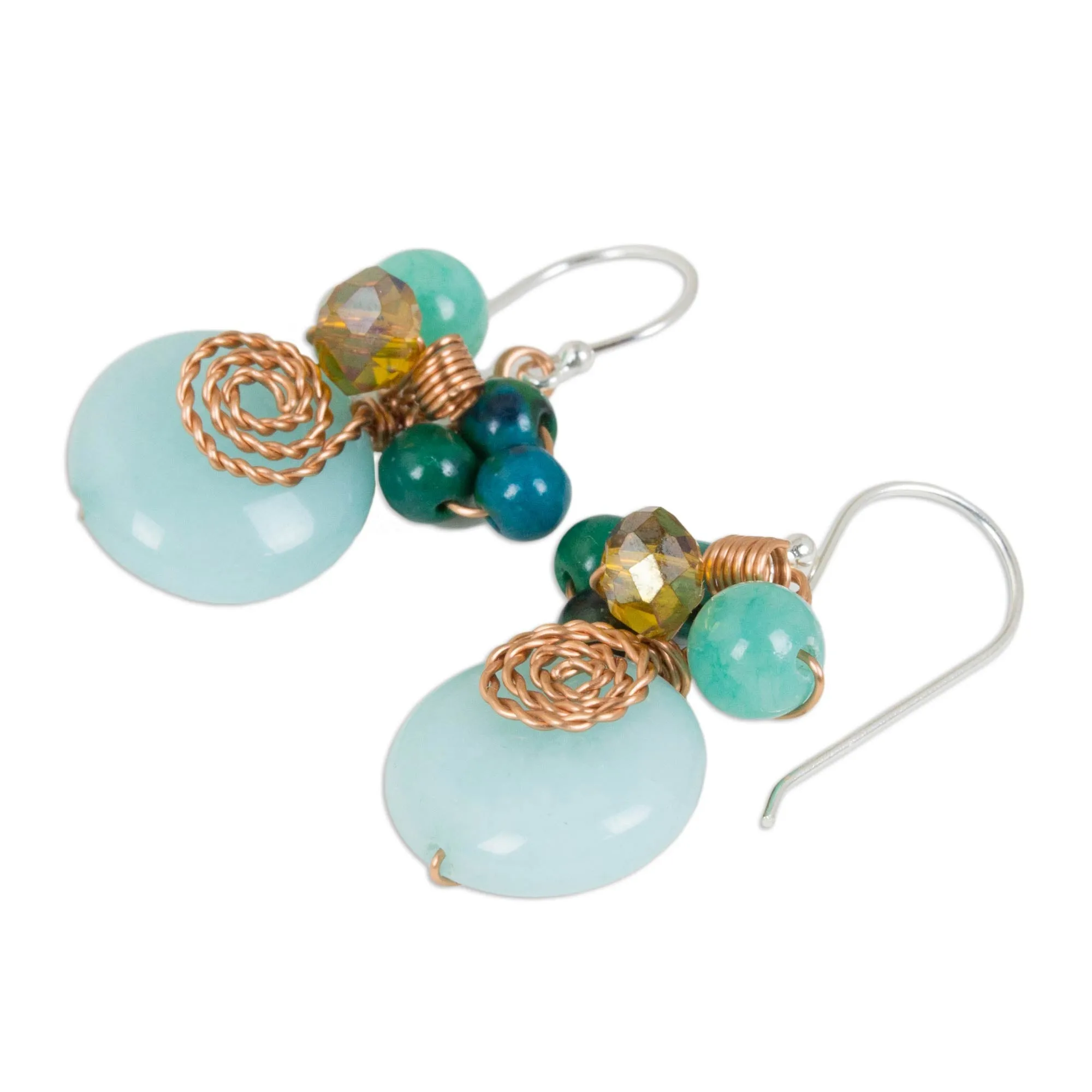 Serpentine Quartz and Glass Bead Dangle Earrings with Copper - Moonlight Garden in Aqua | NOVICA
