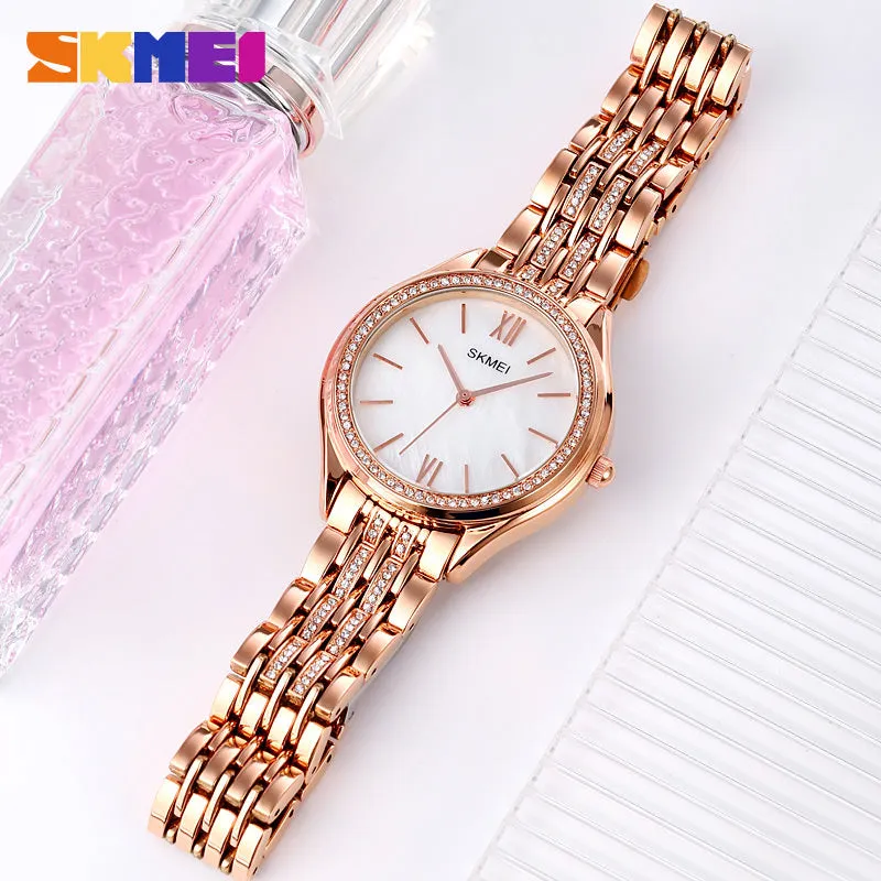 SKMEI 1970 Innovative Diamond Wristwatches Lady w/ Pearl Shell Textured Dial