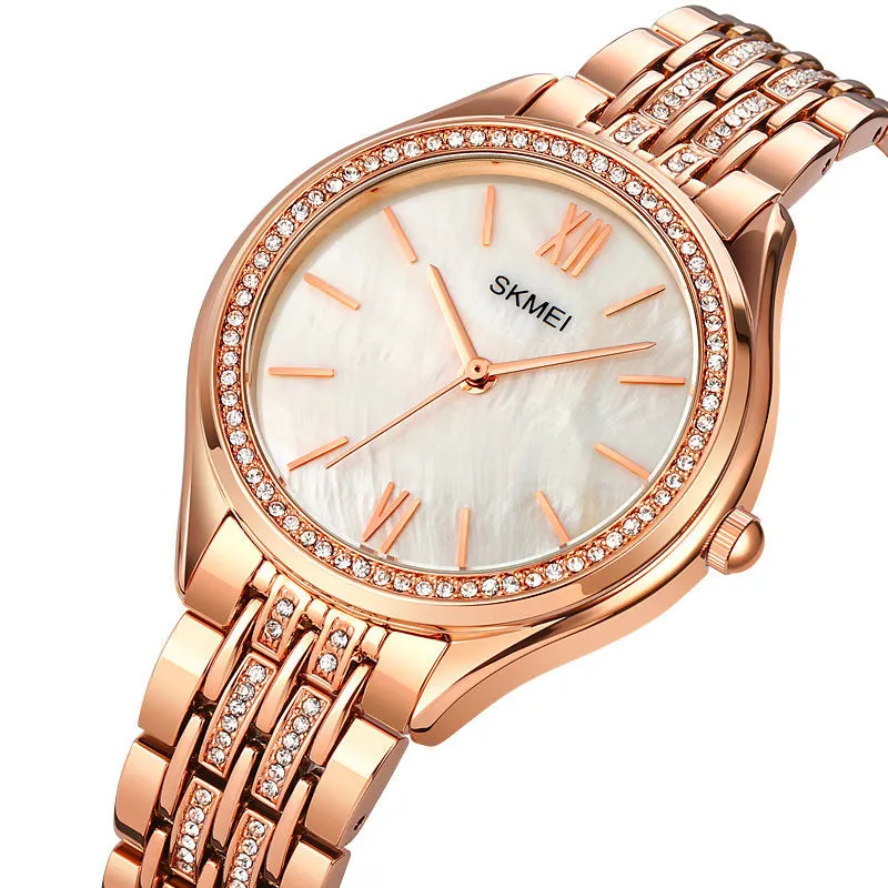 SKMEI 1970 Innovative Diamond Wristwatches Lady w/ Pearl Shell Textured Dial