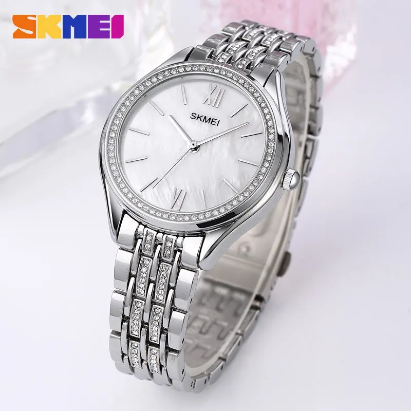 SKMEI 1970 Innovative Diamond Wristwatches Lady w/ Pearl Shell Textured Dial