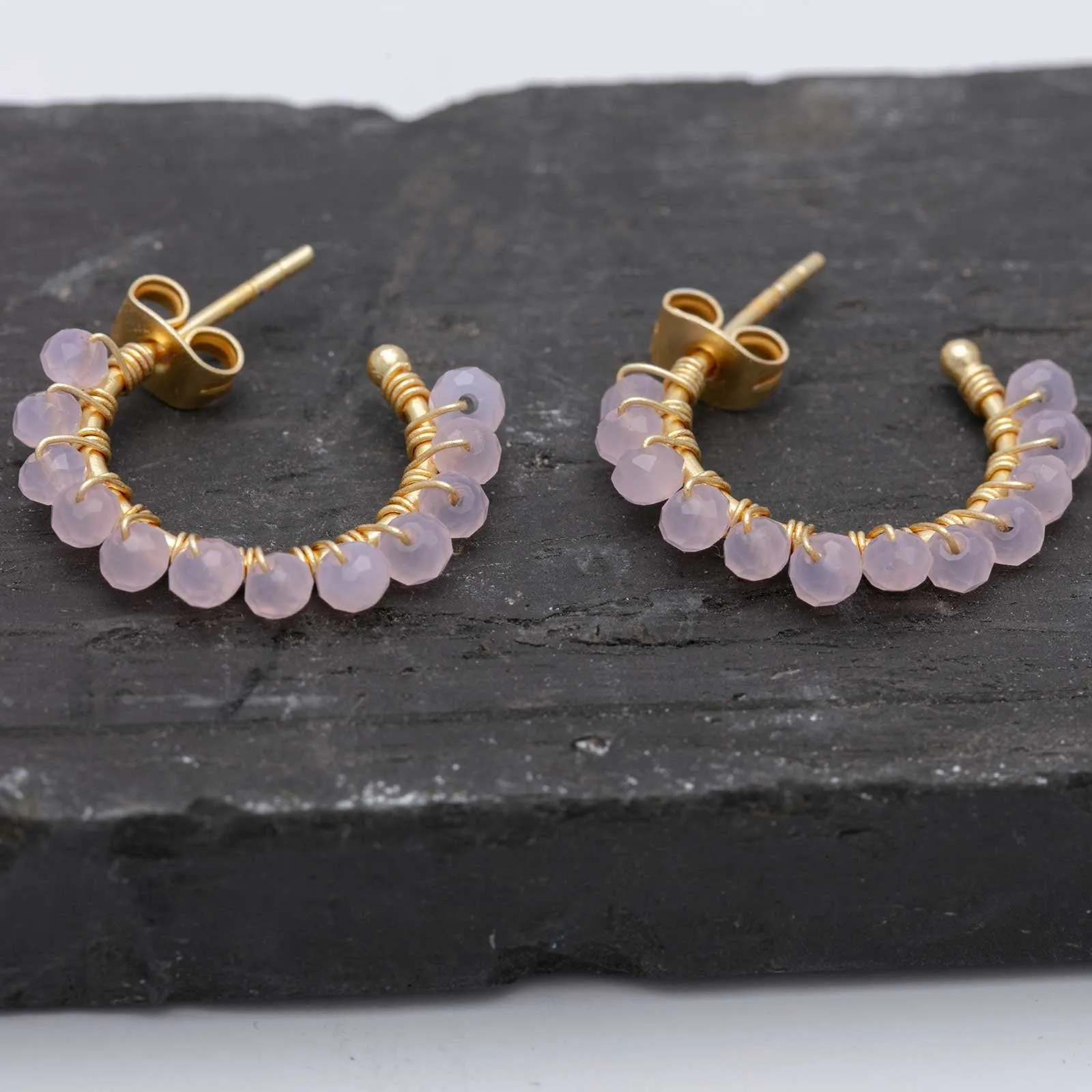 Small Hoop Earrings With Rose Quartz Beads 18K Gold Plated