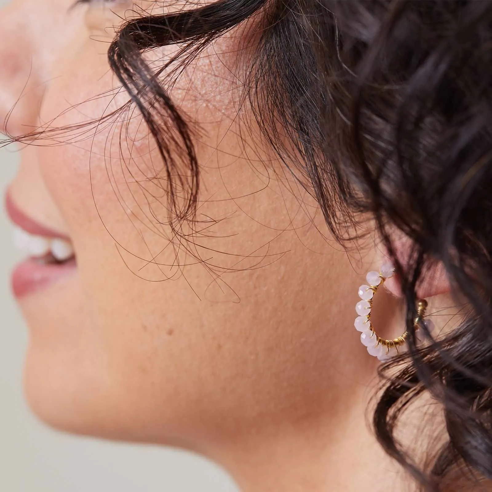 Small Hoop Earrings With Rose Quartz Beads 18K Gold Plated