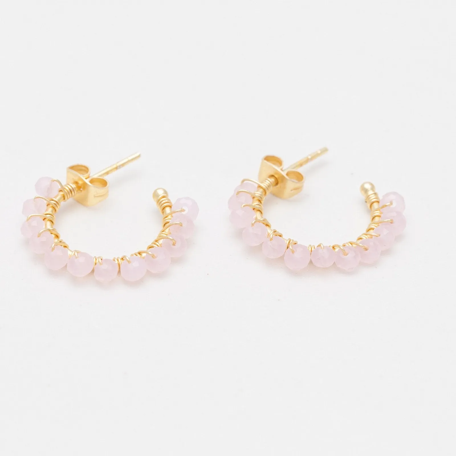 Small Hoop Earrings With Rose Quartz Beads 18K Gold Plated