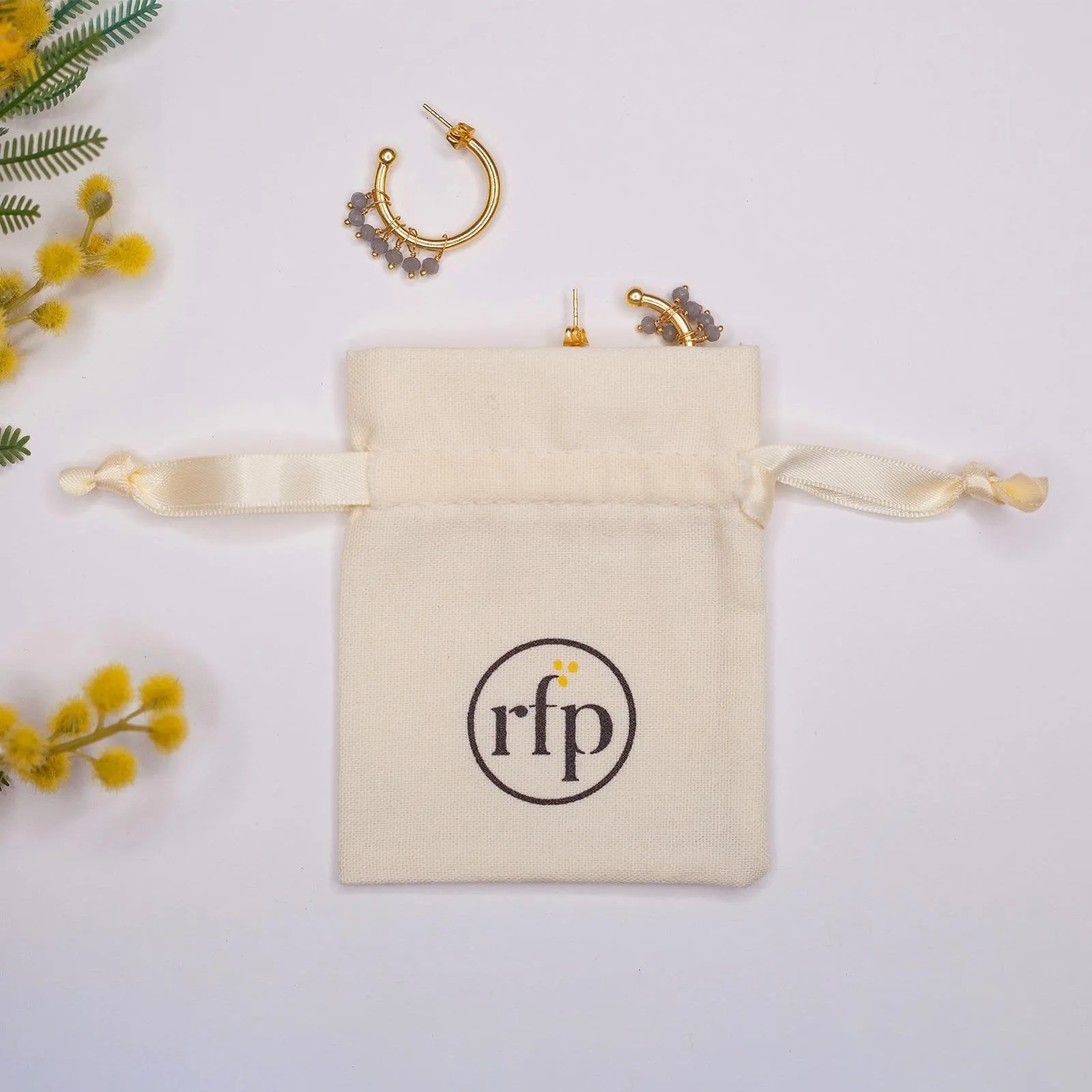 Small Hoop Earrings With Rose Quartz Beads 18K Gold Plated