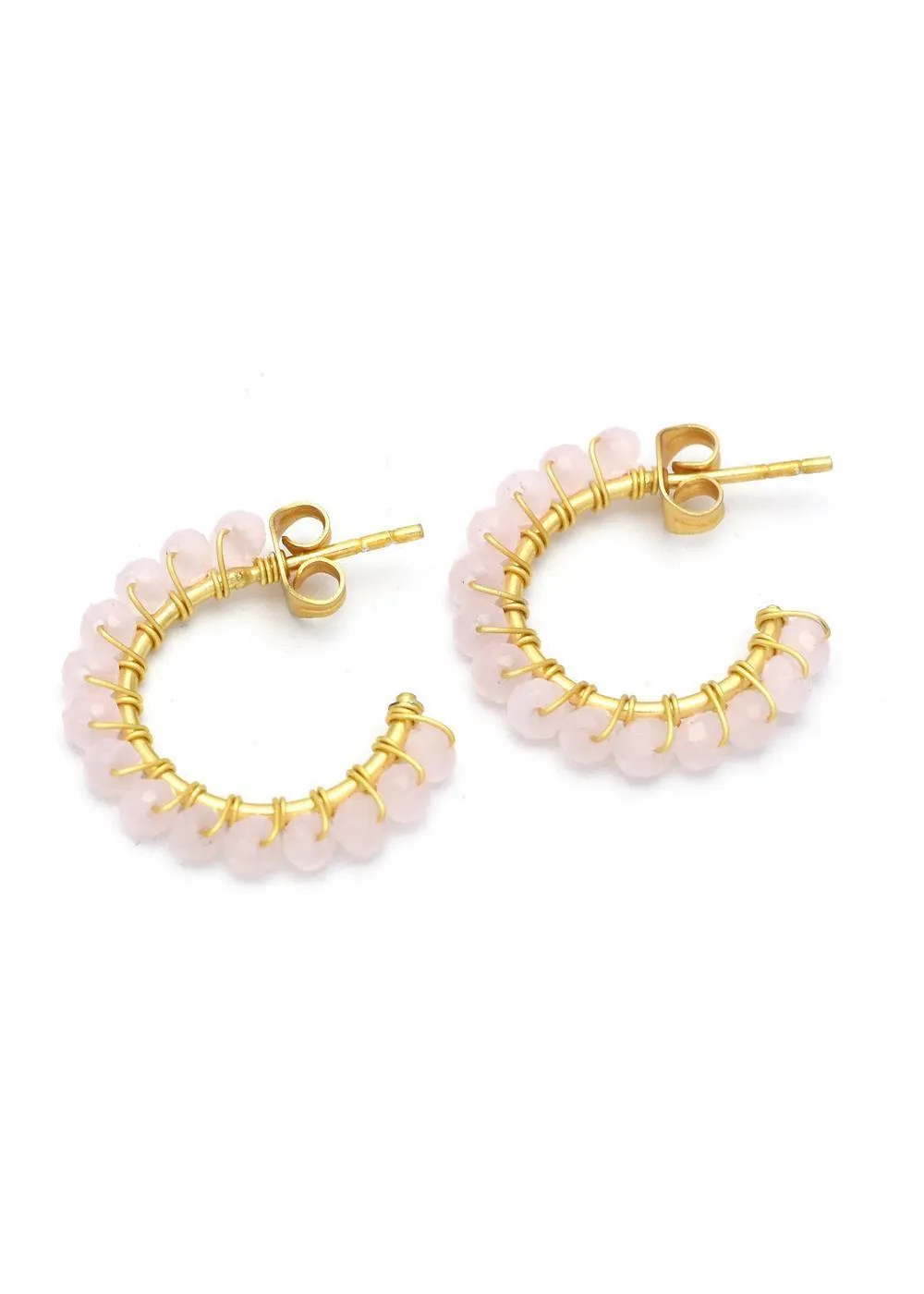 Small Hoop Earrings With Rose Quartz Beads 18K Gold Plated