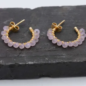 Small Hoop Earrings With Rose Quartz Beads 18K Gold Plated