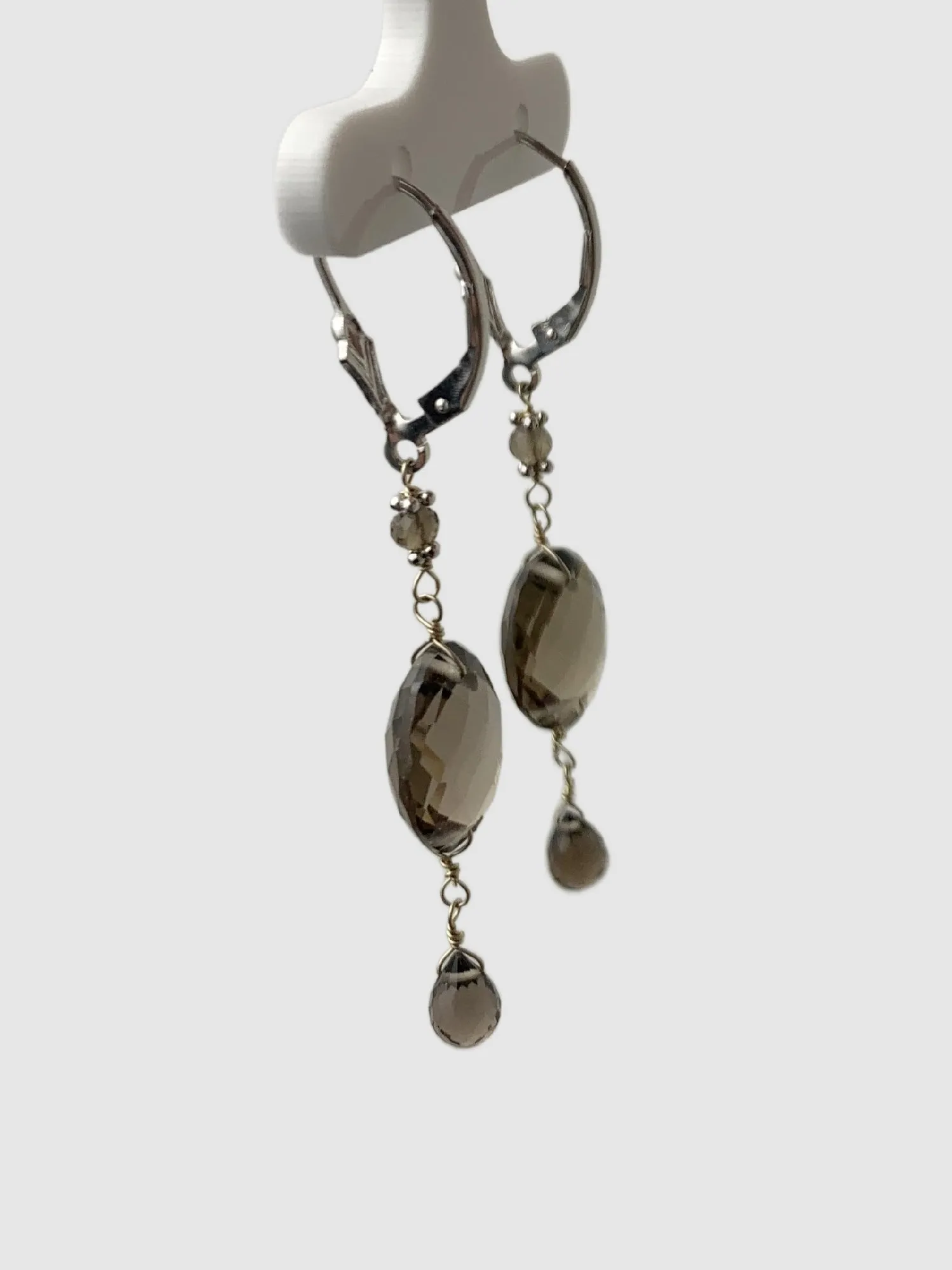 Smokey Quartz 3 Station Drop Earrings in 14KW - EAR-023-3DRPGM14W-MD-SQ
