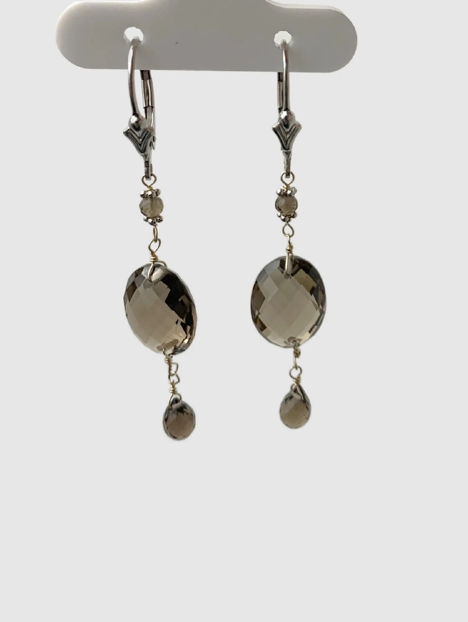Smokey Quartz 3 Station Drop Earrings in 14KW - EAR-023-3DRPGM14W-MD-SQ