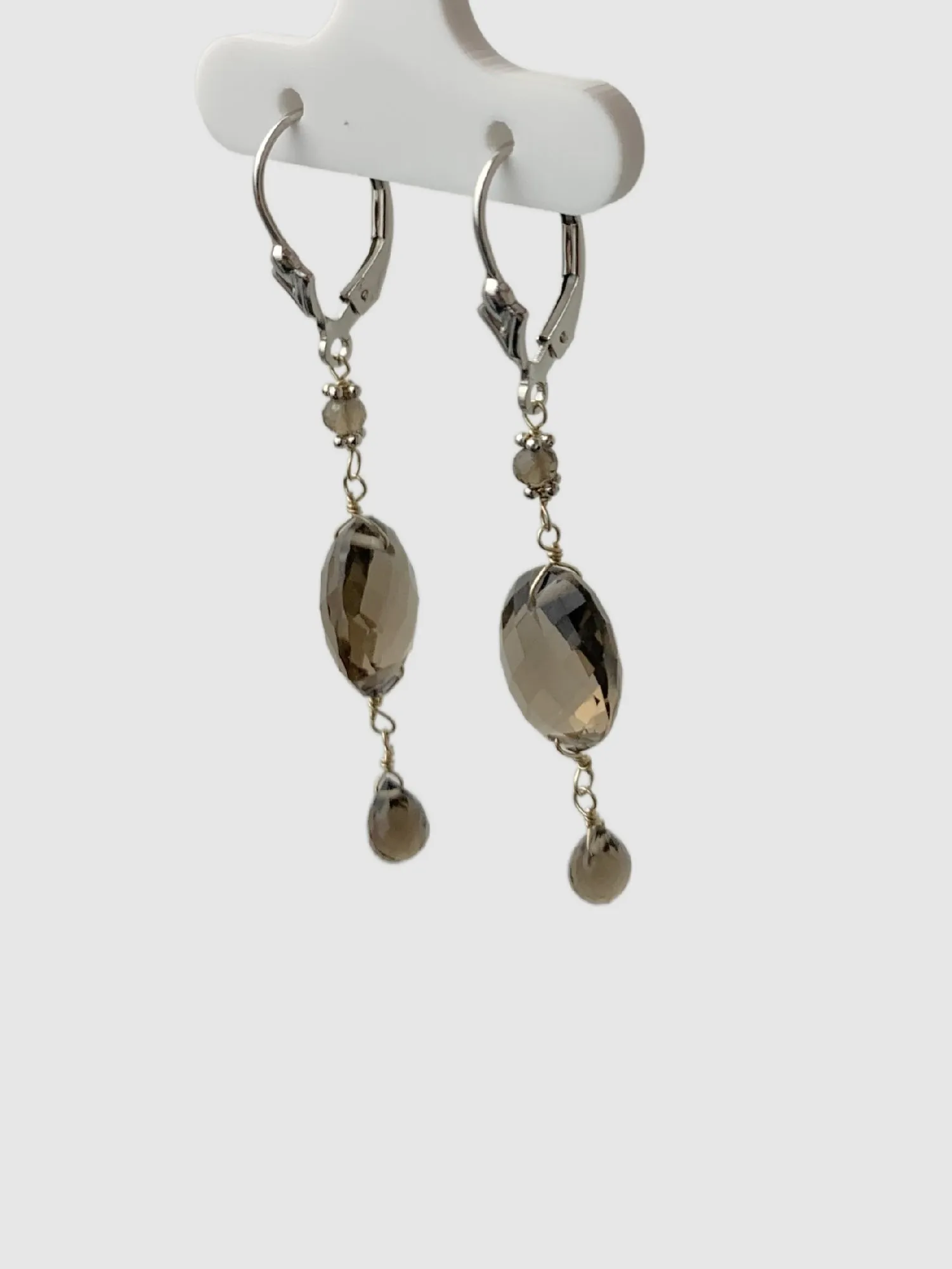 Smokey Quartz 3 Station Drop Earrings in 14KW - EAR-023-3DRPGM14W-MD-SQ