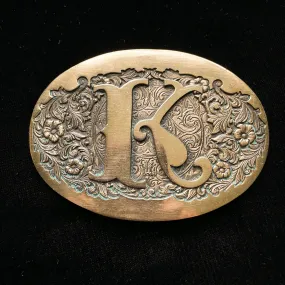 SOLD Large Vintage Solid Brass Etched Monogrammed K Belt Buckle