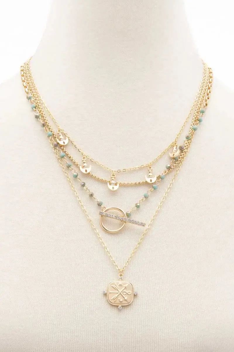 Square Shape Toggle Beaded Layered Necklace