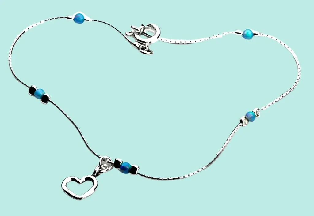 Sterling Silver Anklet with blue opals. Designer Jewelry.