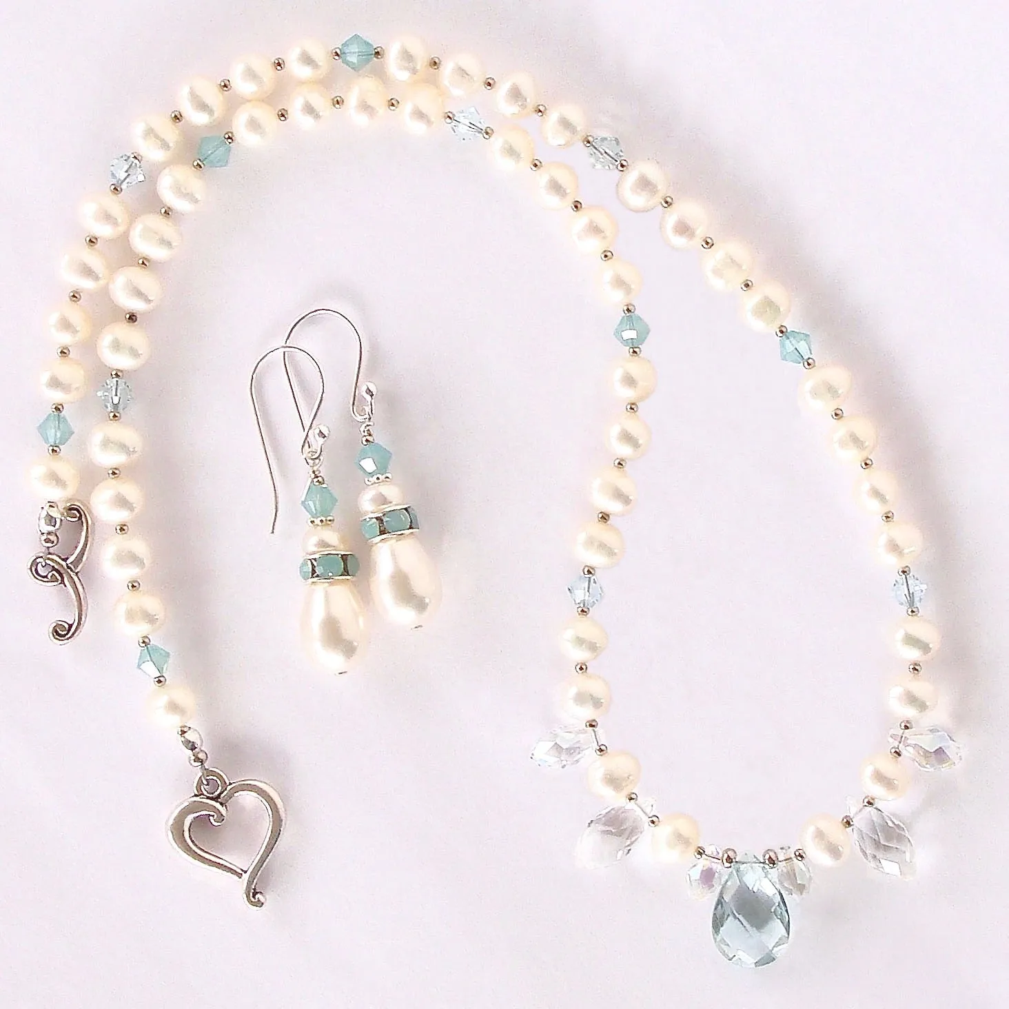 Thea: Freshwater Pearl Necklace with Aqua Quartz Pendant
