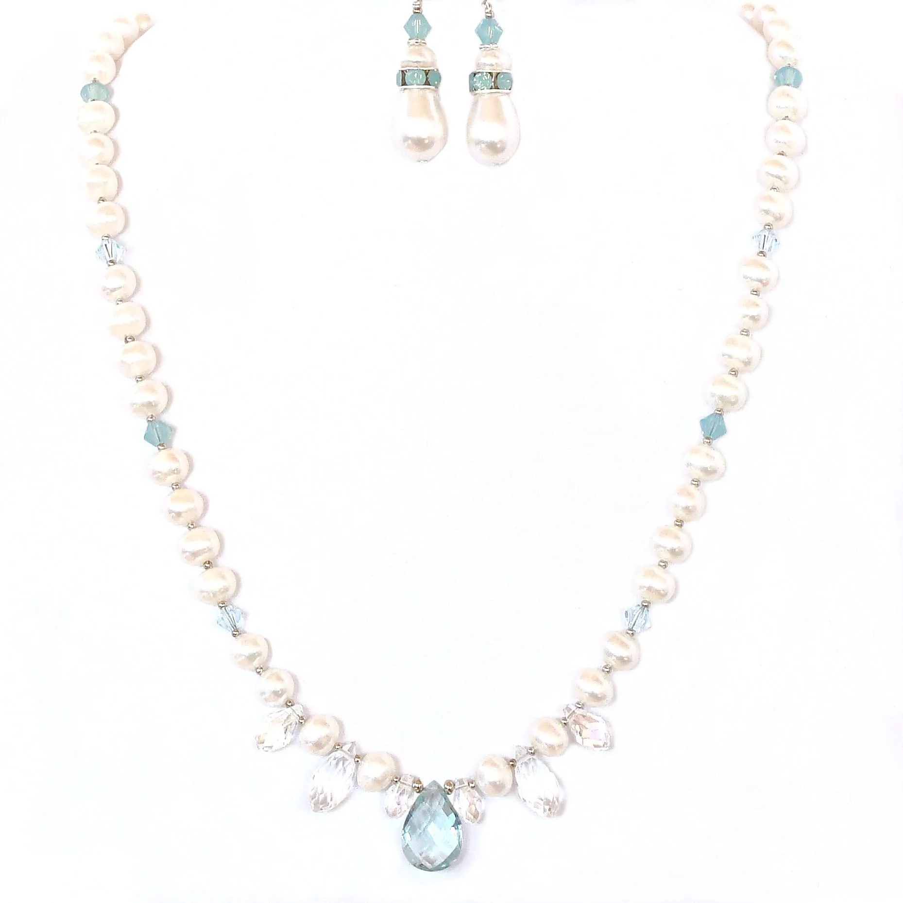Thea: Freshwater Pearl Necklace with Aqua Quartz Pendant