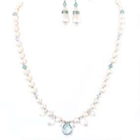 Thea: Freshwater Pearl Necklace with Aqua Quartz Pendant