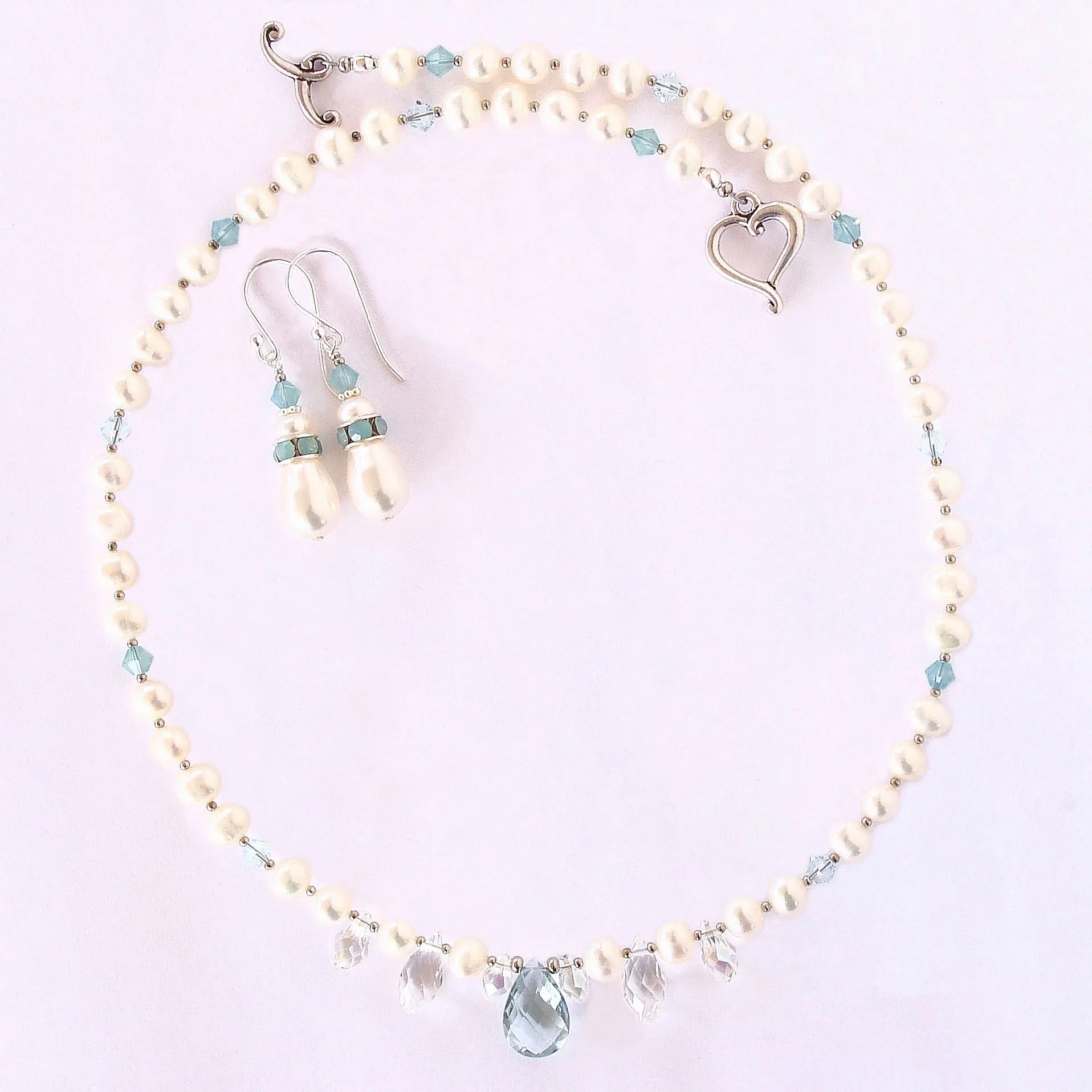 Thea: Freshwater Pearl Necklace with Aqua Quartz Pendant