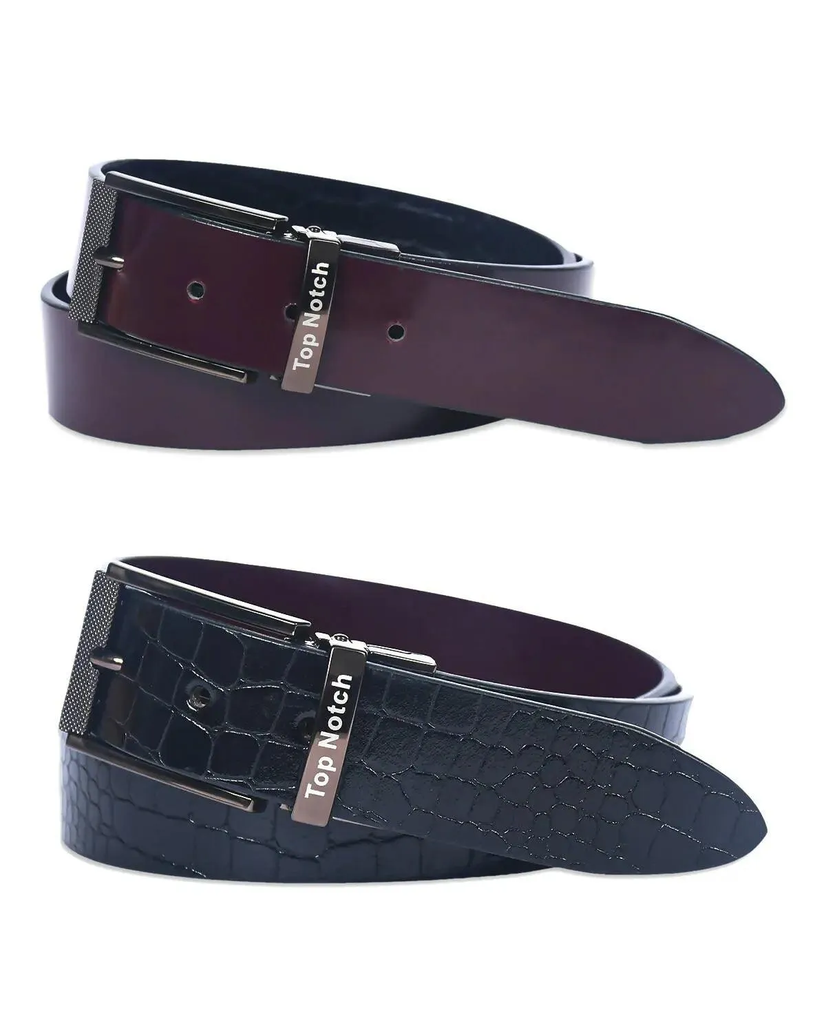 Top Notch Leather Belt for Men Colour - Black Croco / Maroon Reversible Italian Belt (SKU TP0012)
