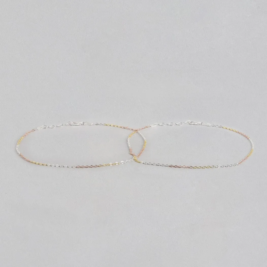 Trendy Triple Tone 925 Sterling Silver Cable Chain Anklet