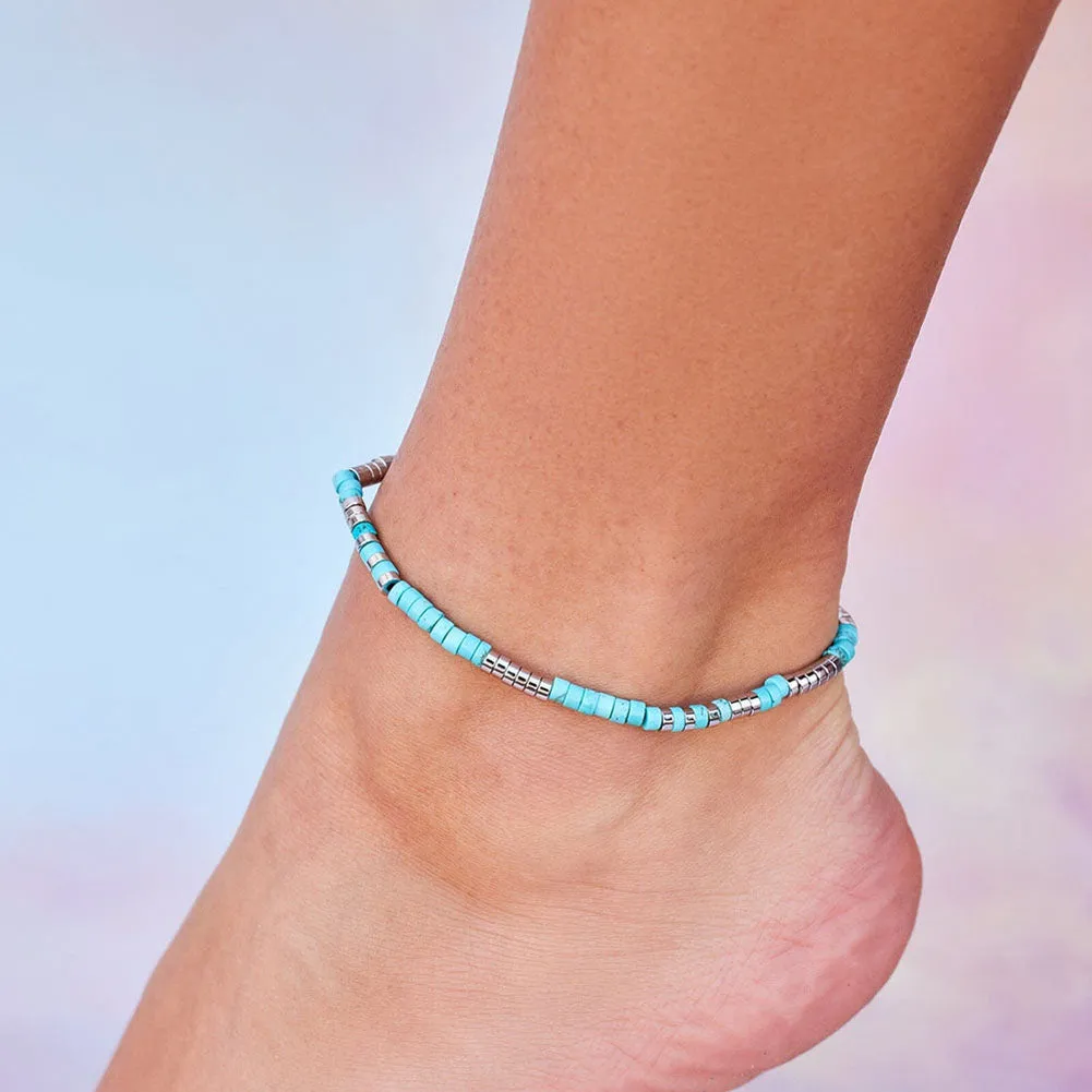 Tuquoise Beed Stretch Anklet in Silver by Pura Vida