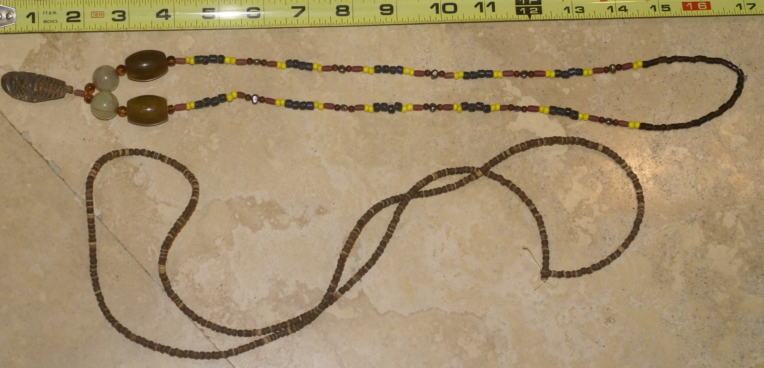 Unique Earthtones Hand crafted Ethnic Glass Trade Beads Necklace with Buffalo Bone Hand Carved Pendant of Protective Ancestor for Good Luck, Borneo Kalimantan, Indonesia NECK32   1 Flapper Coconut necklace.