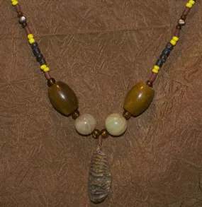 Unique Earthtones Hand crafted Ethnic Glass Trade Beads Necklace with Buffalo Bone Hand Carved Pendant of Protective Ancestor for Good Luck, Borneo Kalimantan, Indonesia NECK32   1 Flapper Coconut necklace.