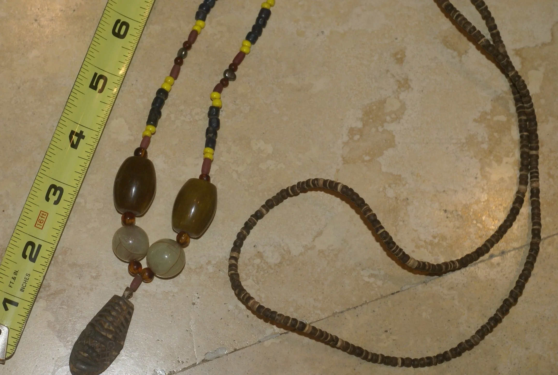 Unique Earthtones Hand crafted Ethnic Glass Trade Beads Necklace with Buffalo Bone Hand Carved Pendant of Protective Ancestor for Good Luck, Borneo Kalimantan, Indonesia NECK32   1 Flapper Coconut necklace.
