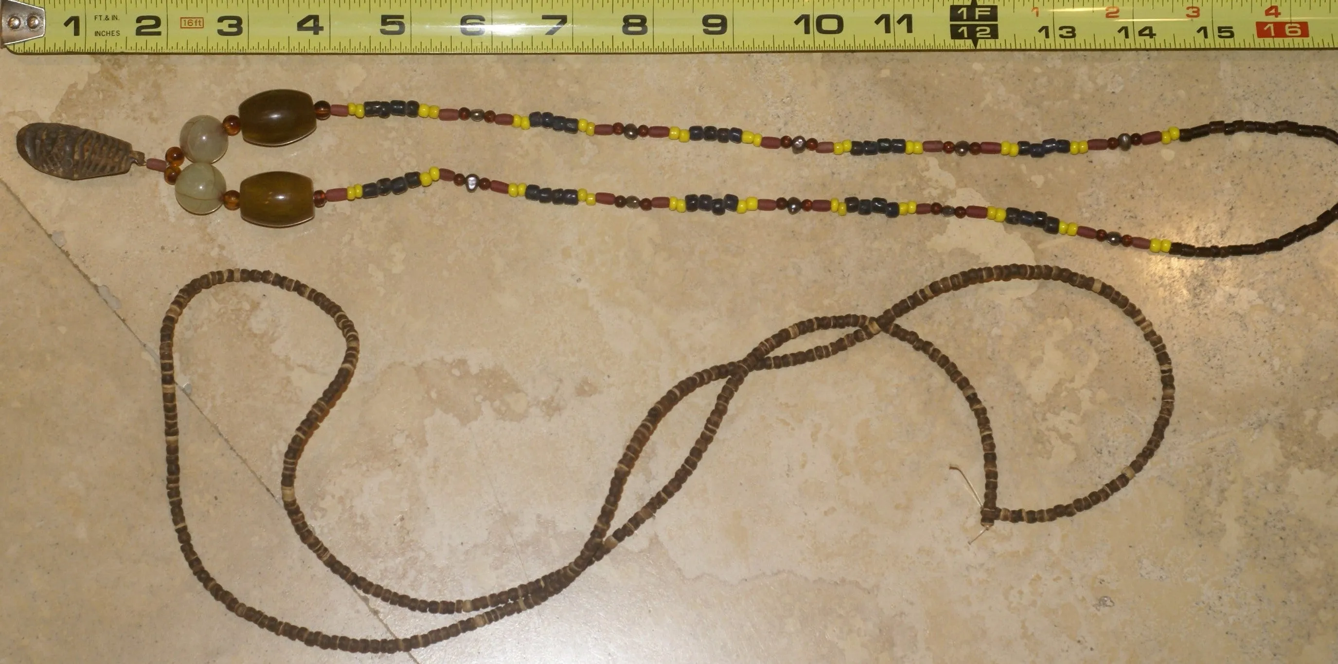 Unique Earthtones Hand crafted Ethnic Glass Trade Beads Necklace with Buffalo Bone Hand Carved Pendant of Protective Ancestor for Good Luck, Borneo Kalimantan, Indonesia NECK32   1 Flapper Coconut necklace.