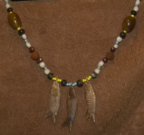 Unique Vintage Hand crafted Ethnic Old Glass Trade & Amber Beads, Real Pearls, Rudhaccha & Seed Beads Necklace with 3 Asian Buffalo Bone Hand Carved Pendants of fish “Zodiac Pisces”, Borneo, Indonesia NECK30   1 Flapper Coconut necklace.