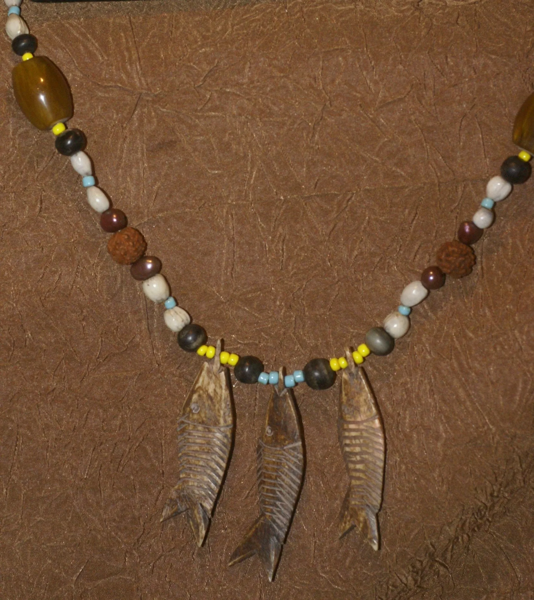 Unique Vintage Hand crafted Ethnic Old Glass Trade & Amber Beads, Real Pearls, Rudhaccha & Seed Beads Necklace with 3 Asian Buffalo Bone Hand Carved Pendants of fish “Zodiac Pisces”, Borneo, Indonesia NECK30   1 Flapper Coconut necklace.