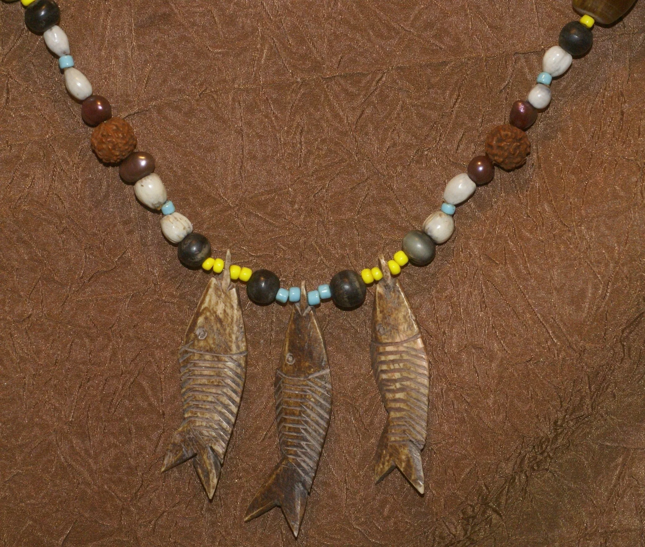 Unique Vintage Hand crafted Ethnic Old Glass Trade & Amber Beads, Real Pearls, Rudhaccha & Seed Beads Necklace with 3 Asian Buffalo Bone Hand Carved Pendants of fish “Zodiac Pisces”, Borneo, Indonesia NECK30   1 Flapper Coconut necklace.