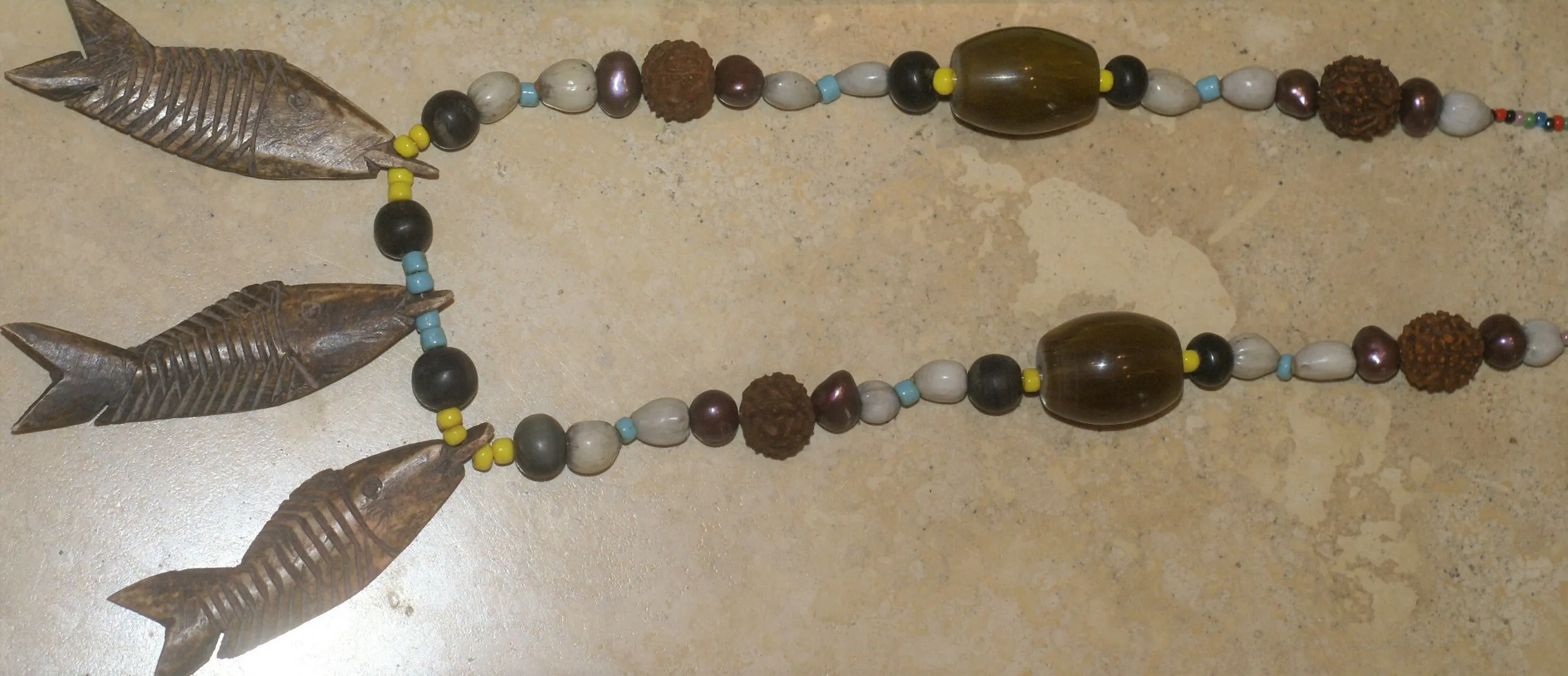 Unique Vintage Hand crafted Ethnic Old Glass Trade & Amber Beads, Real Pearls, Rudhaccha & Seed Beads Necklace with 3 Asian Buffalo Bone Hand Carved Pendants of fish “Zodiac Pisces”, Borneo, Indonesia NECK30   1 Flapper Coconut necklace.
