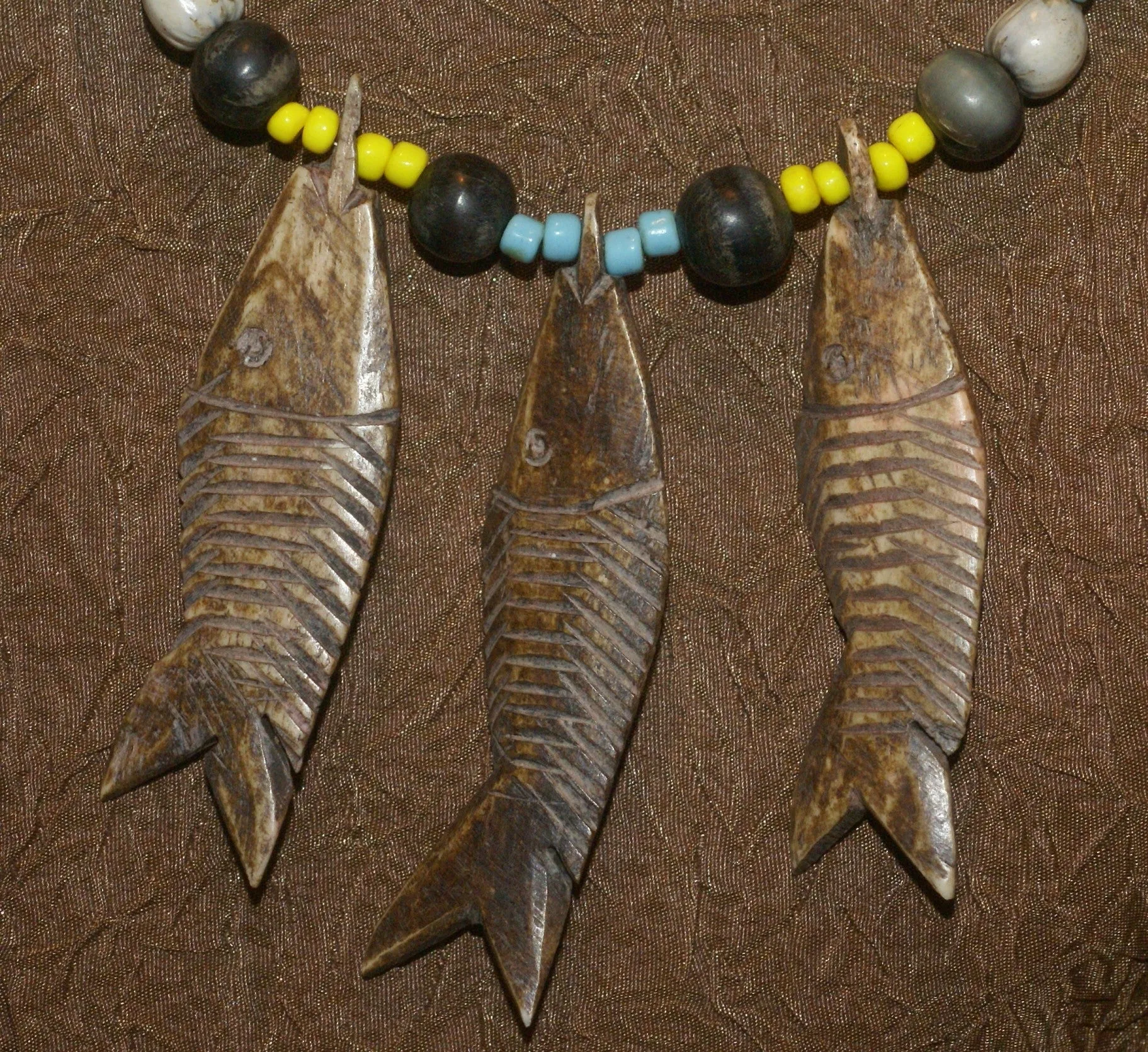 Unique Vintage Hand crafted Ethnic Old Glass Trade & Amber Beads, Real Pearls, Rudhaccha & Seed Beads Necklace with 3 Asian Buffalo Bone Hand Carved Pendants of fish “Zodiac Pisces”, Borneo, Indonesia NECK30   1 Flapper Coconut necklace.