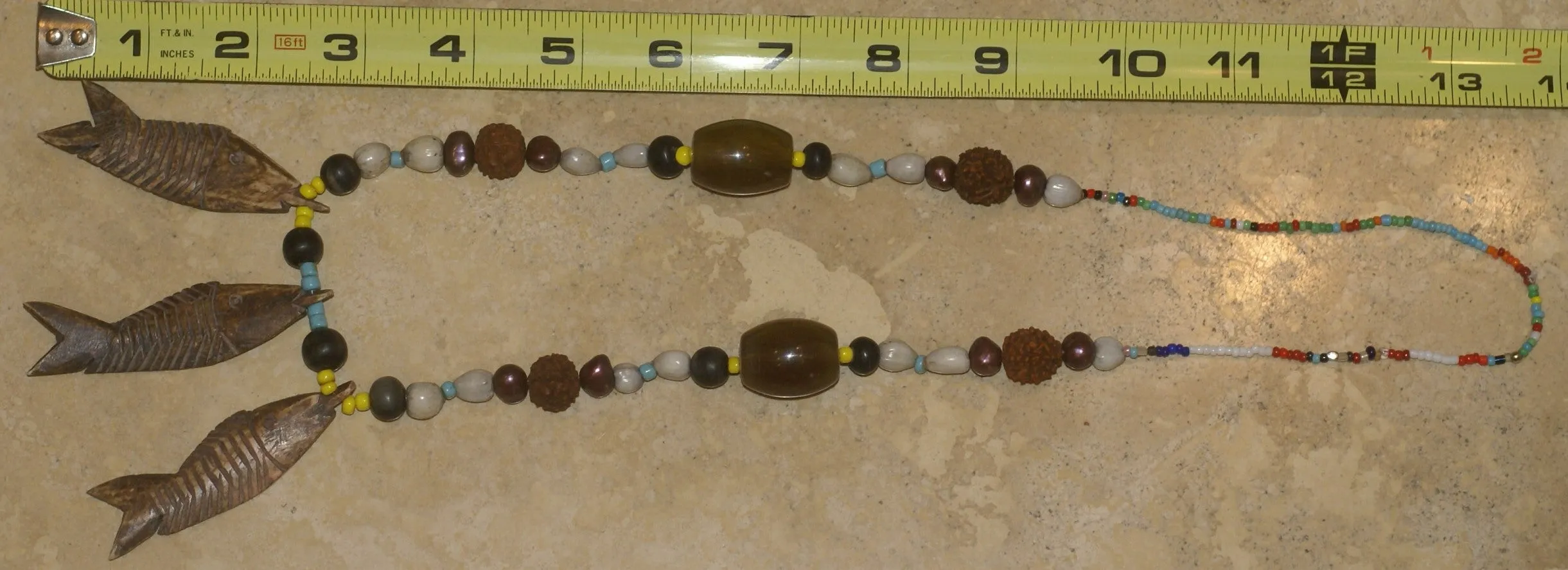 Unique Vintage Hand crafted Ethnic Old Glass Trade & Amber Beads, Real Pearls, Rudhaccha & Seed Beads Necklace with 3 Asian Buffalo Bone Hand Carved Pendants of fish “Zodiac Pisces”, Borneo, Indonesia NECK30   1 Flapper Coconut necklace.
