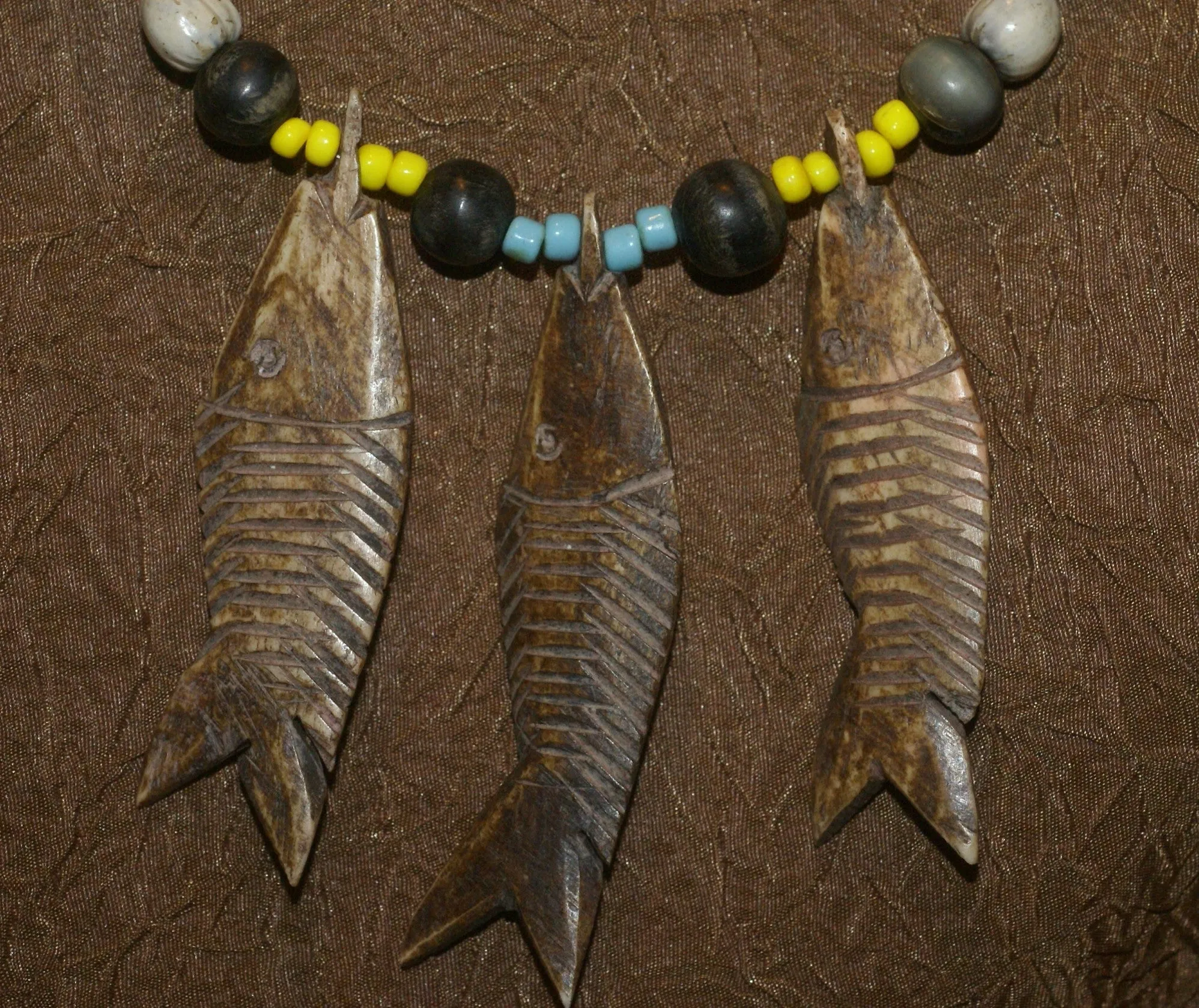 Unique Vintage Hand crafted Ethnic Old Glass Trade & Amber Beads, Real Pearls, Rudhaccha & Seed Beads Necklace with 3 Asian Buffalo Bone Hand Carved Pendants of fish “Zodiac Pisces”, Borneo, Indonesia NECK30   1 Flapper Coconut necklace.
