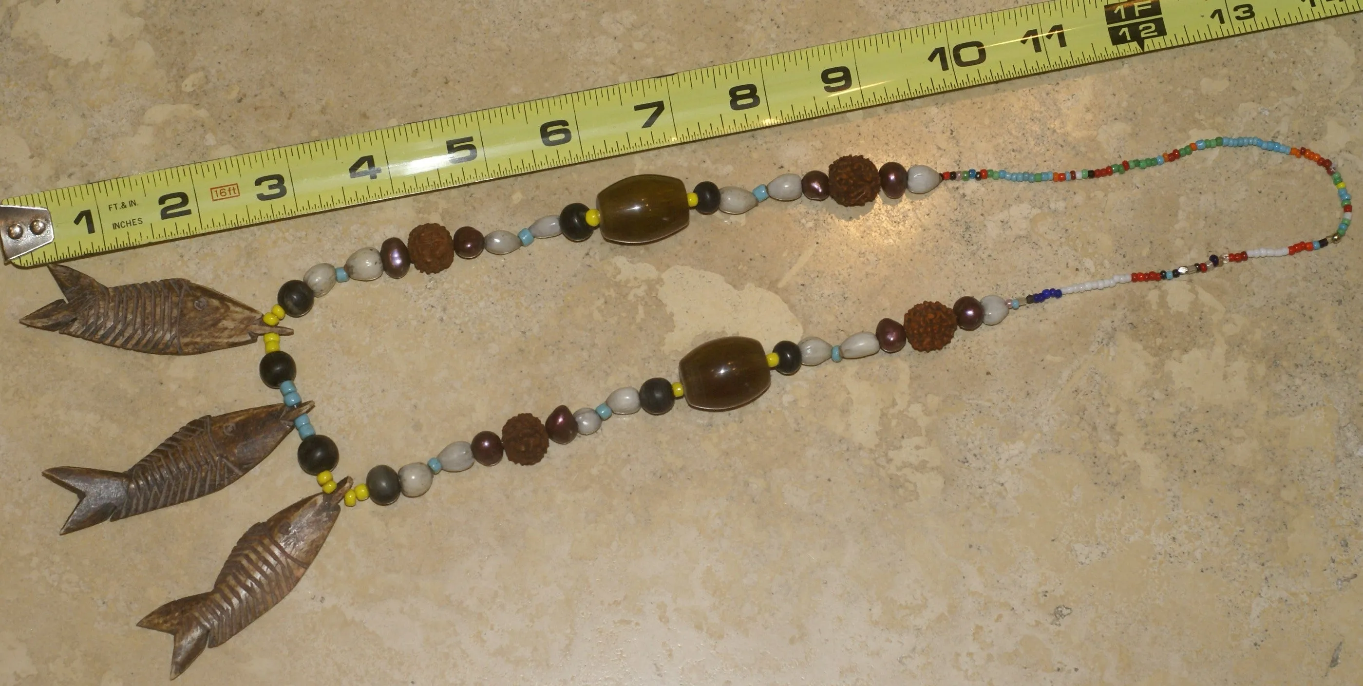 Unique Vintage Hand crafted Ethnic Old Glass Trade & Amber Beads, Real Pearls, Rudhaccha & Seed Beads Necklace with 3 Asian Buffalo Bone Hand Carved Pendants of fish “Zodiac Pisces”, Borneo, Indonesia NECK30   1 Flapper Coconut necklace.