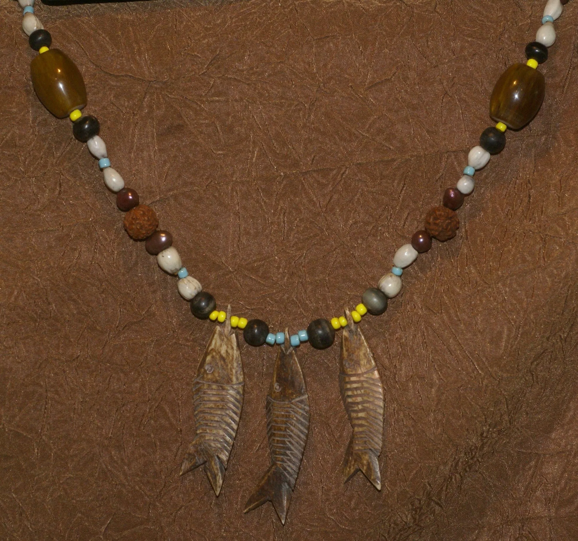 Unique Vintage Hand crafted Ethnic Old Glass Trade & Amber Beads, Real Pearls, Rudhaccha & Seed Beads Necklace with 3 Asian Buffalo Bone Hand Carved Pendants of fish “Zodiac Pisces”, Borneo, Indonesia NECK30   1 Flapper Coconut necklace.