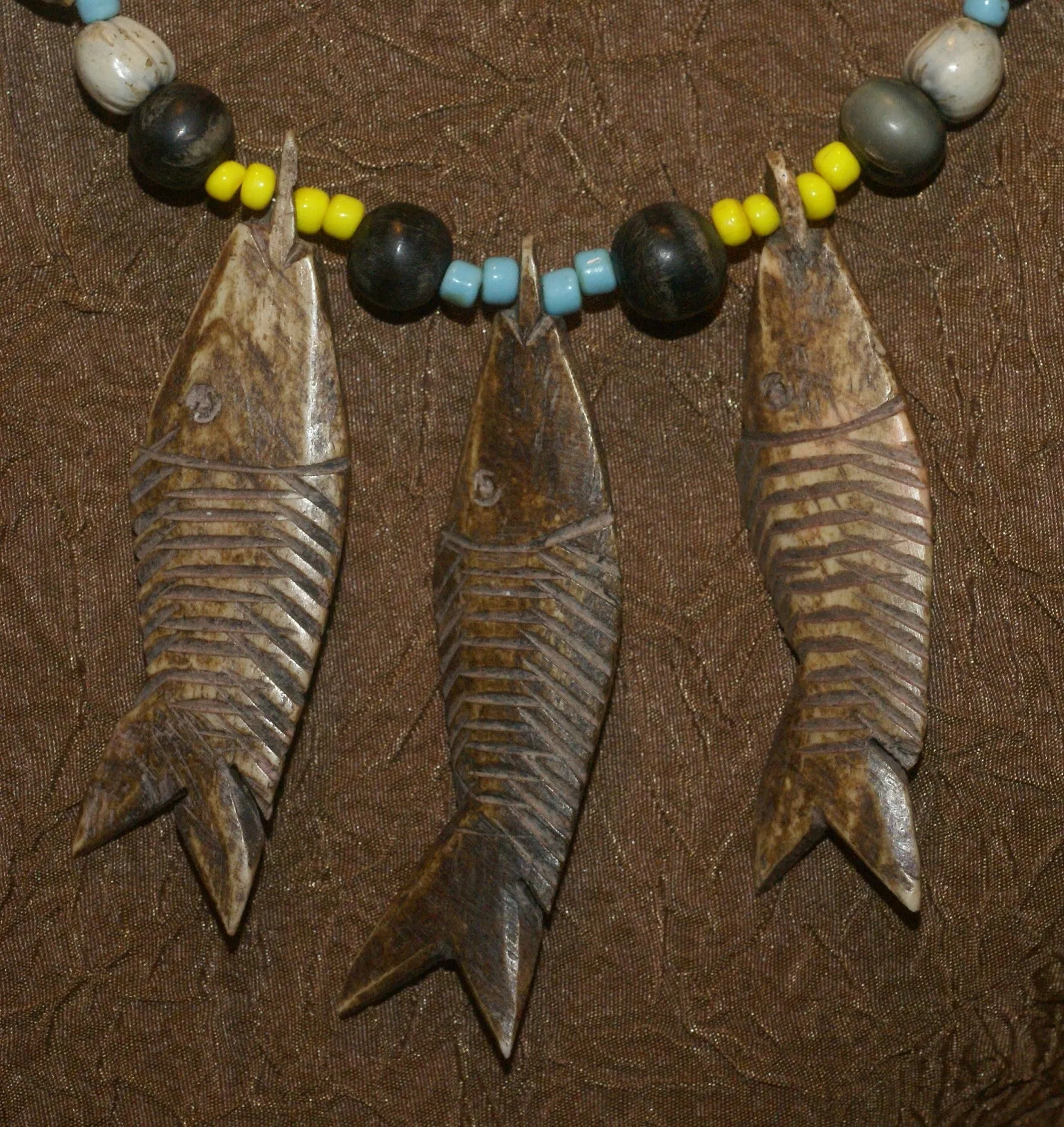 Unique Vintage Hand crafted Ethnic Old Glass Trade & Amber Beads, Real Pearls, Rudhaccha & Seed Beads Necklace with 3 Asian Buffalo Bone Hand Carved Pendants of fish “Zodiac Pisces”, Borneo, Indonesia NECK30   1 Flapper Coconut necklace.