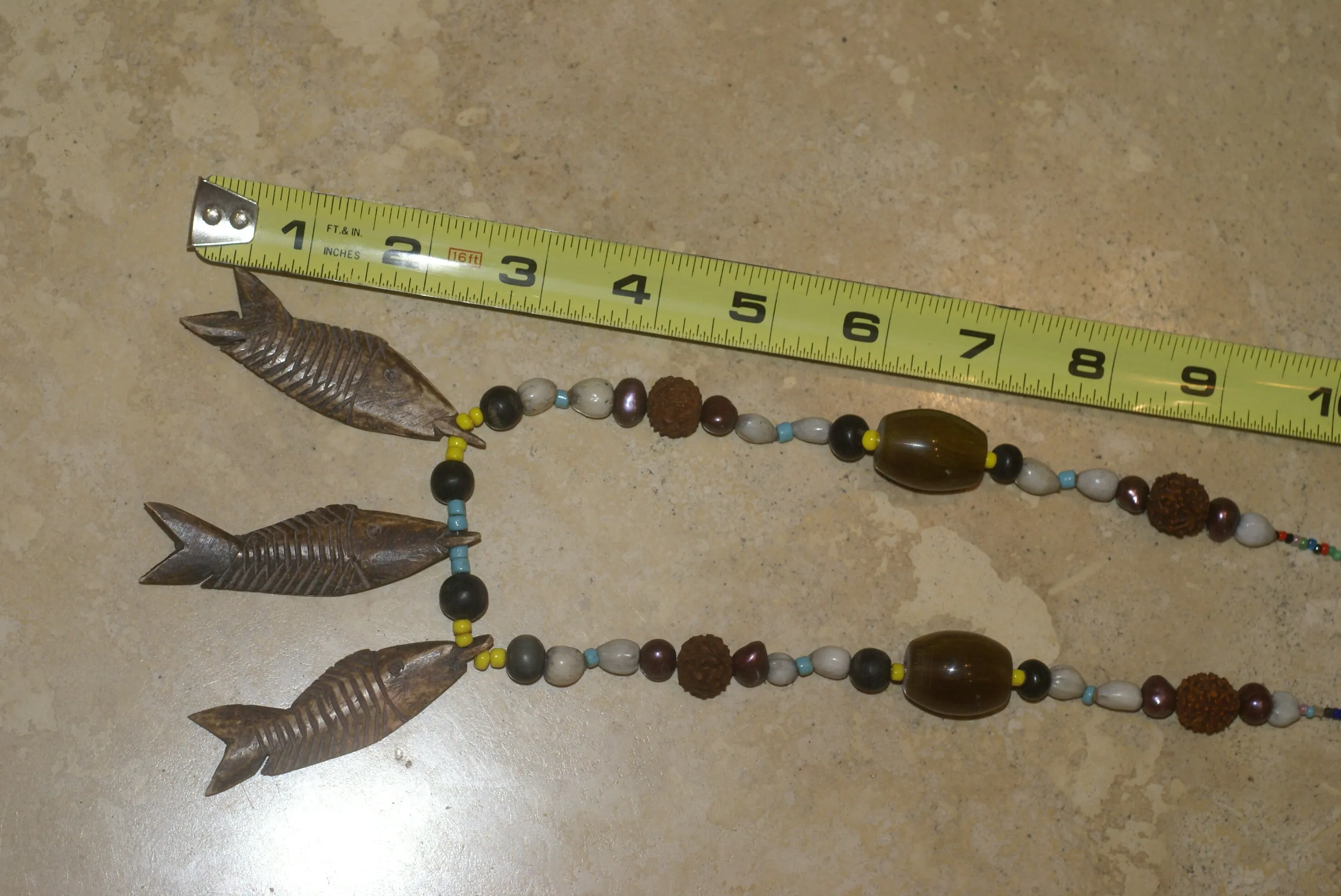 Unique Vintage Hand crafted Ethnic Old Glass Trade & Amber Beads, Real Pearls, Rudhaccha & Seed Beads Necklace with 3 Asian Buffalo Bone Hand Carved Pendants of fish “Zodiac Pisces”, Borneo, Indonesia NECK30   1 Flapper Coconut necklace.