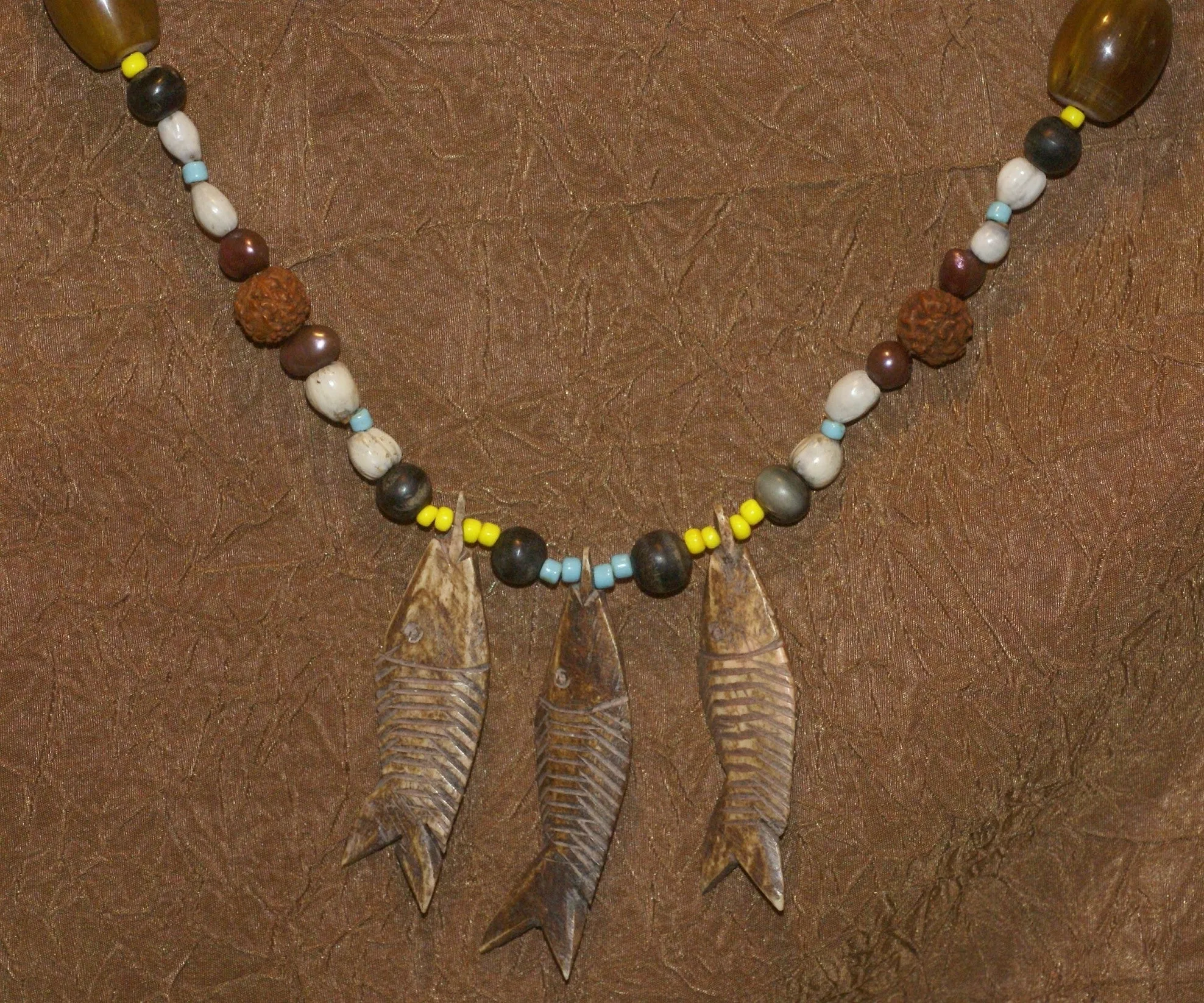 Unique Vintage Hand crafted Ethnic Old Glass Trade & Amber Beads, Real Pearls, Rudhaccha & Seed Beads Necklace with 3 Asian Buffalo Bone Hand Carved Pendants of fish “Zodiac Pisces”, Borneo, Indonesia NECK30   1 Flapper Coconut necklace.