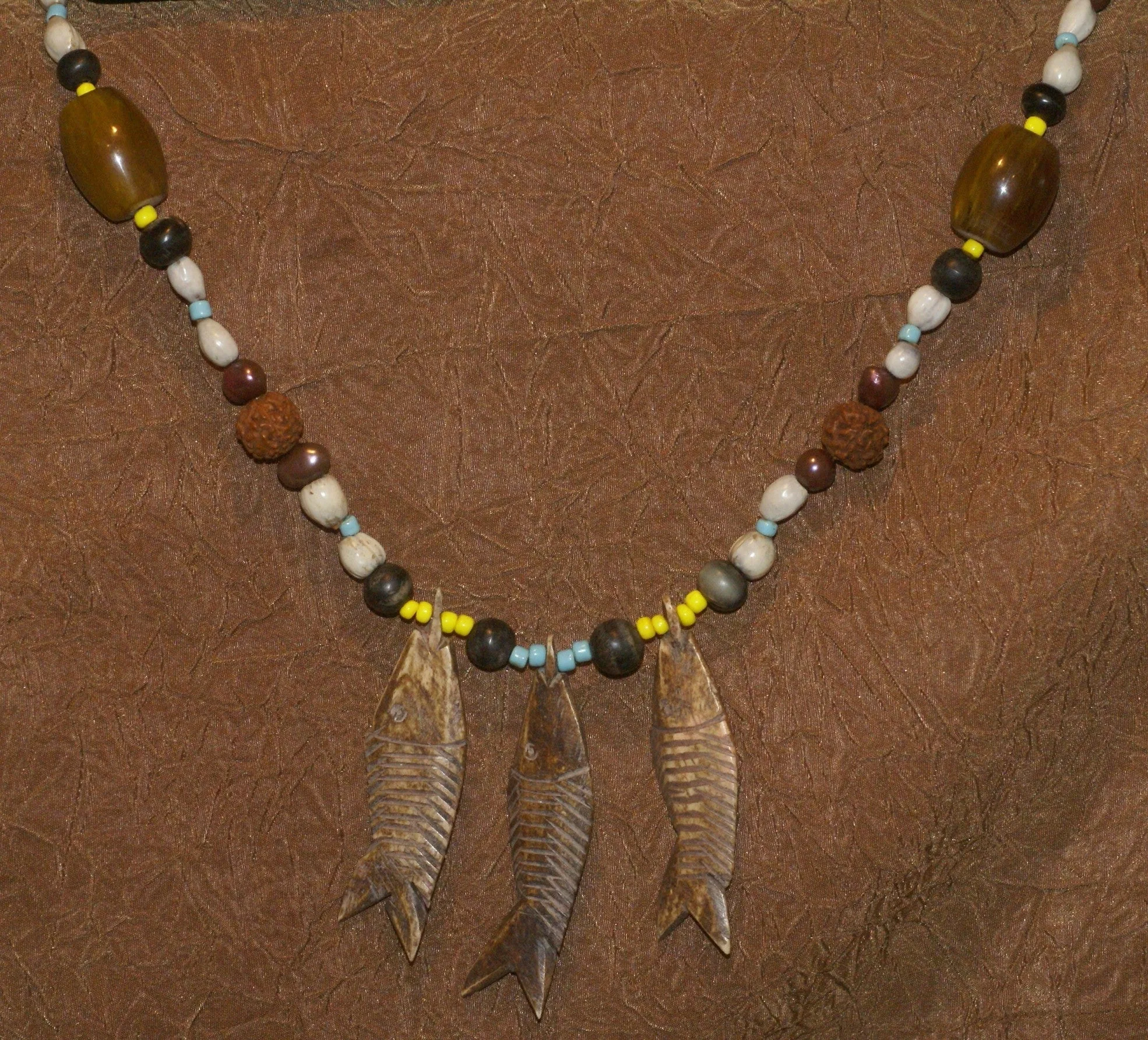 Unique Vintage Hand crafted Ethnic Old Glass Trade & Amber Beads, Real Pearls, Rudhaccha & Seed Beads Necklace with 3 Asian Buffalo Bone Hand Carved Pendants of fish “Zodiac Pisces”, Borneo, Indonesia NECK30   1 Flapper Coconut necklace.