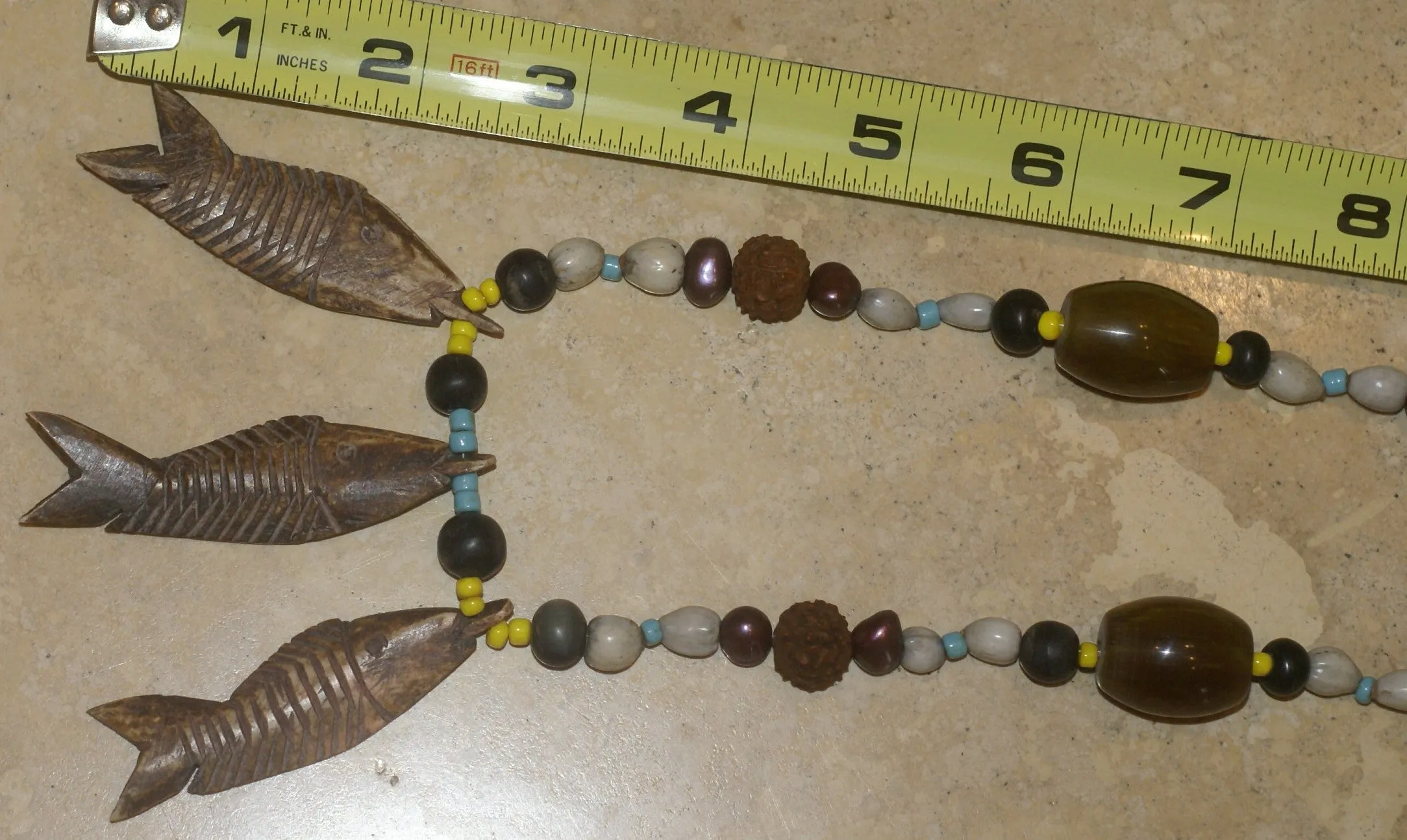 Unique Vintage Hand crafted Ethnic Old Glass Trade & Amber Beads, Real Pearls, Rudhaccha & Seed Beads Necklace with 3 Asian Buffalo Bone Hand Carved Pendants of fish “Zodiac Pisces”, Borneo, Indonesia NECK30   1 Flapper Coconut necklace.