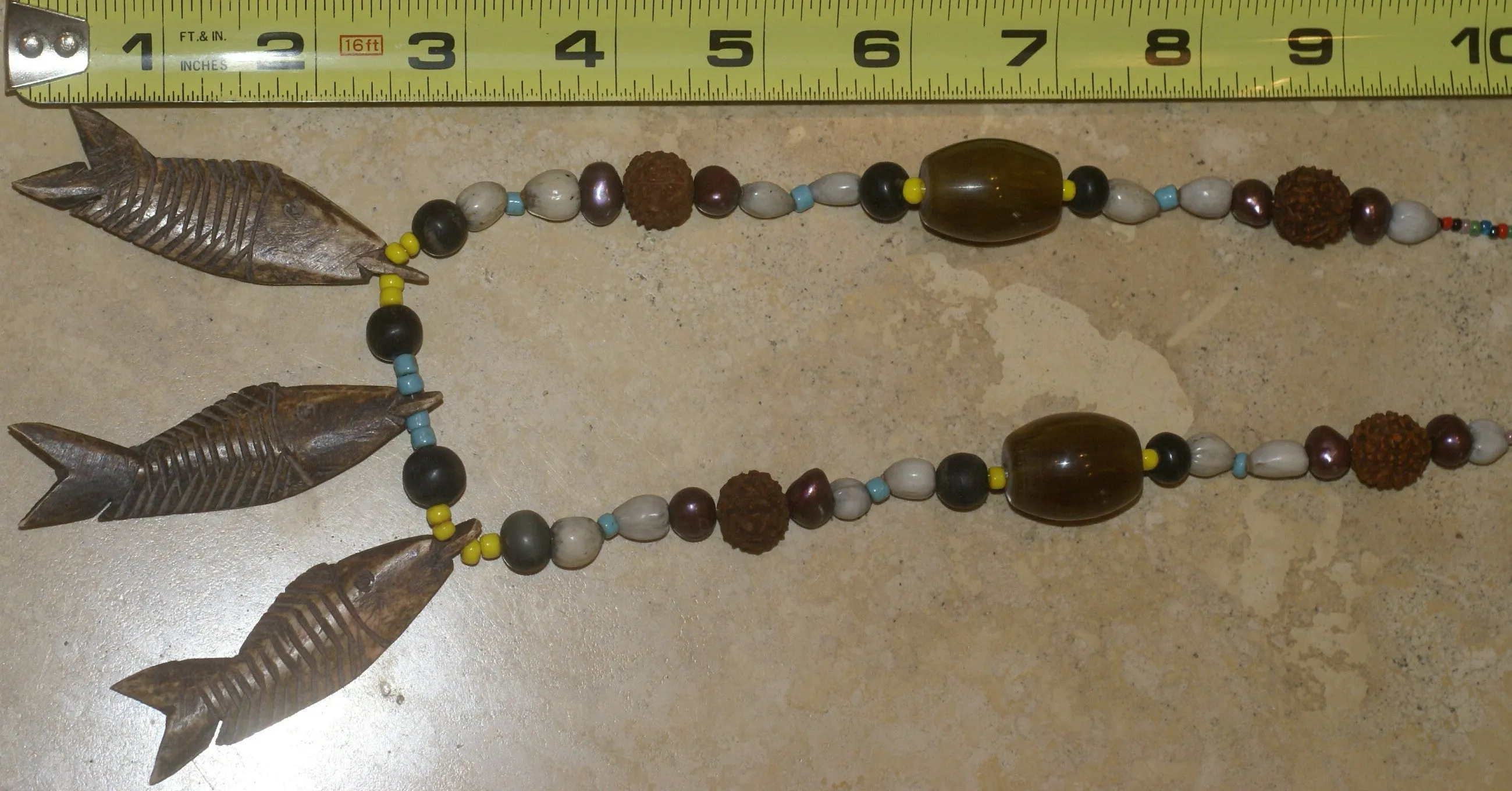 Unique Vintage Hand crafted Ethnic Old Glass Trade & Amber Beads, Real Pearls, Rudhaccha & Seed Beads Necklace with 3 Asian Buffalo Bone Hand Carved Pendants of fish “Zodiac Pisces”, Borneo, Indonesia NECK30   1 Flapper Coconut necklace.