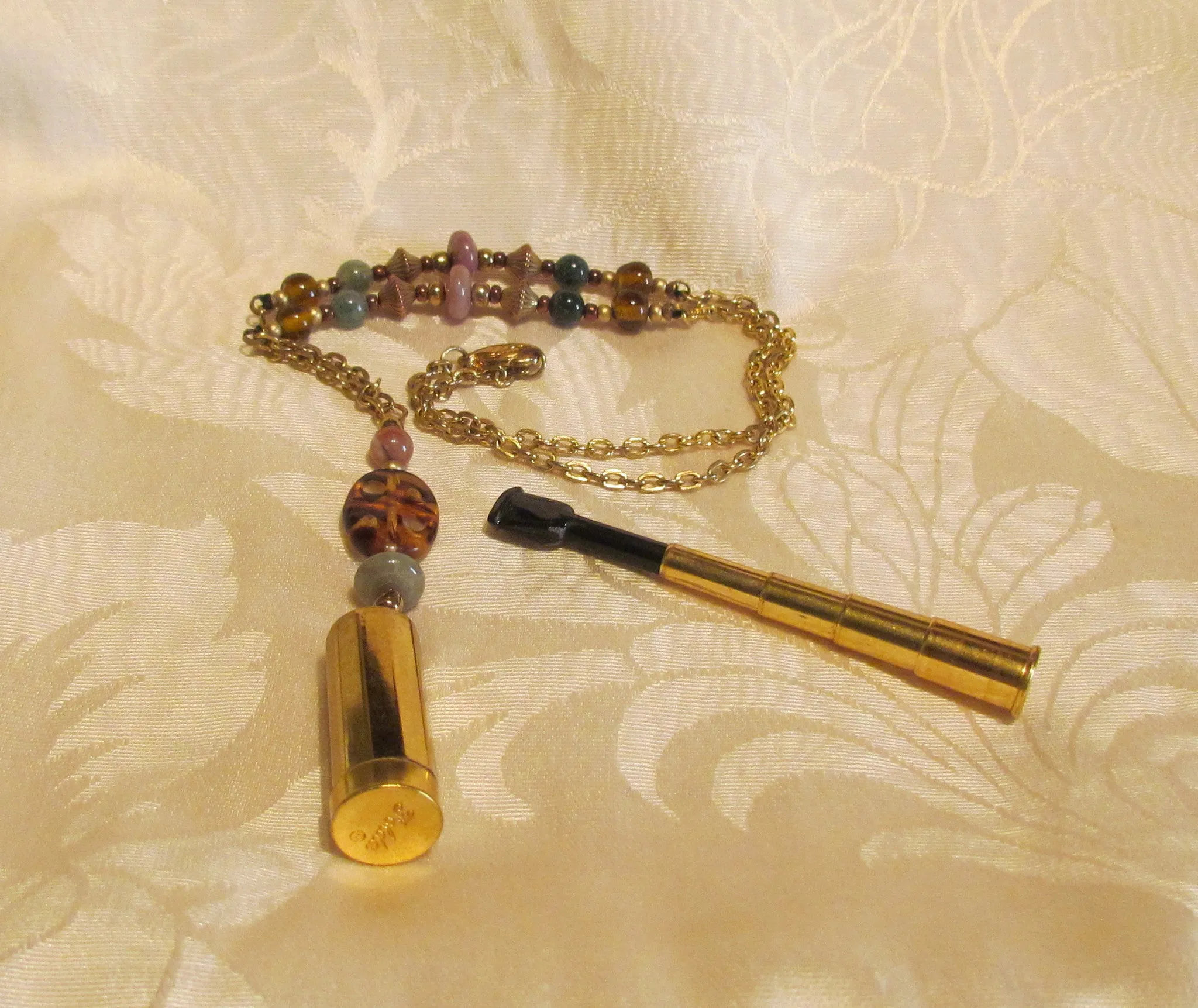 Vintage Folda Cigarette Holder Necklace Handmade Semi Precious Beaded OOAK Pendant Necklace