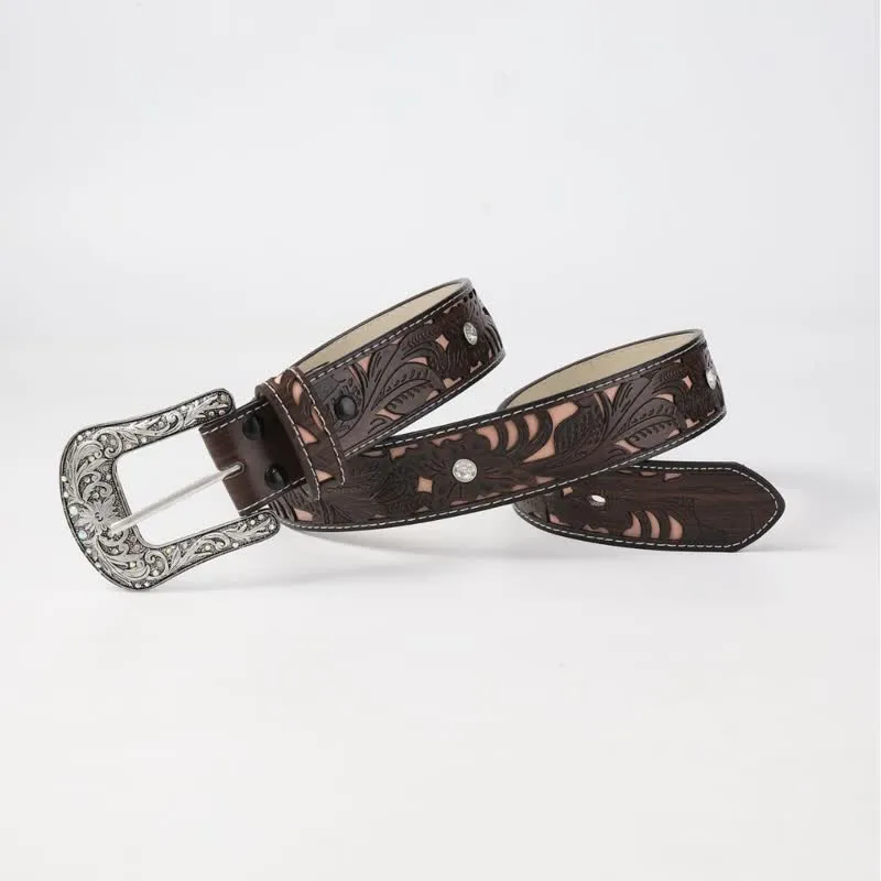 Women's Embossed Flower Rhinestone Coffee Leather Belt