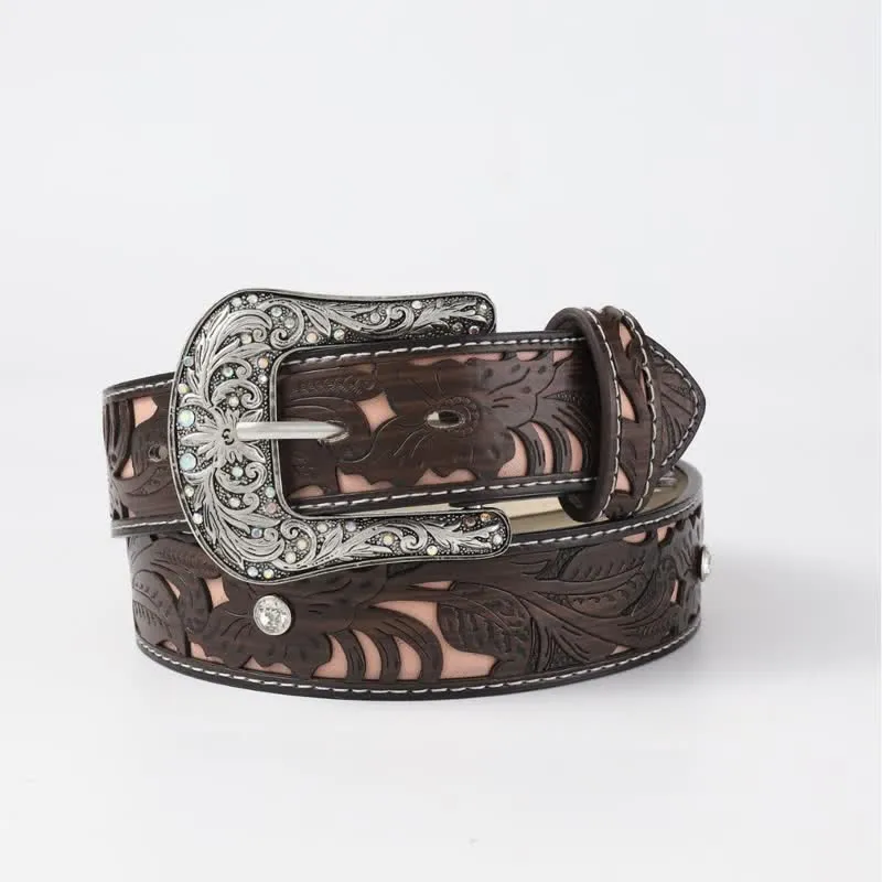 Women's Embossed Flower Rhinestone Coffee Leather Belt