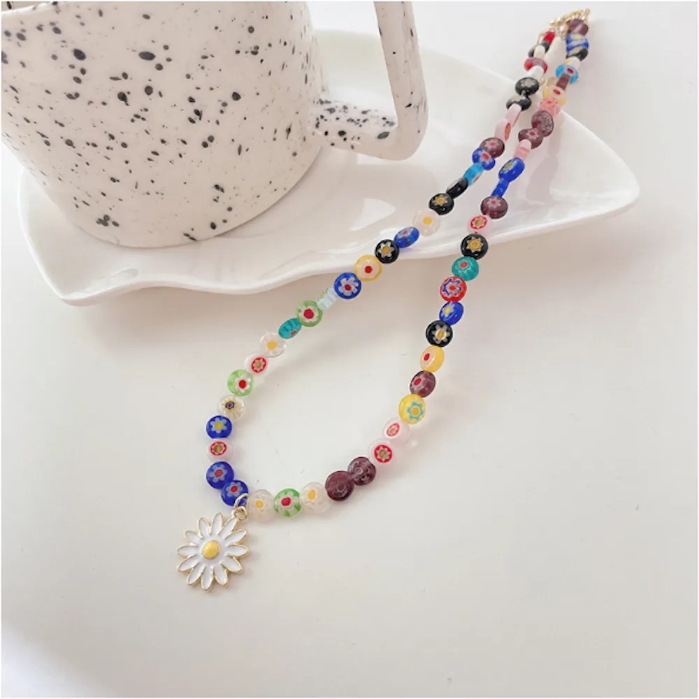 Womens Rainbow Beaded Necklace With Daisy Pendant