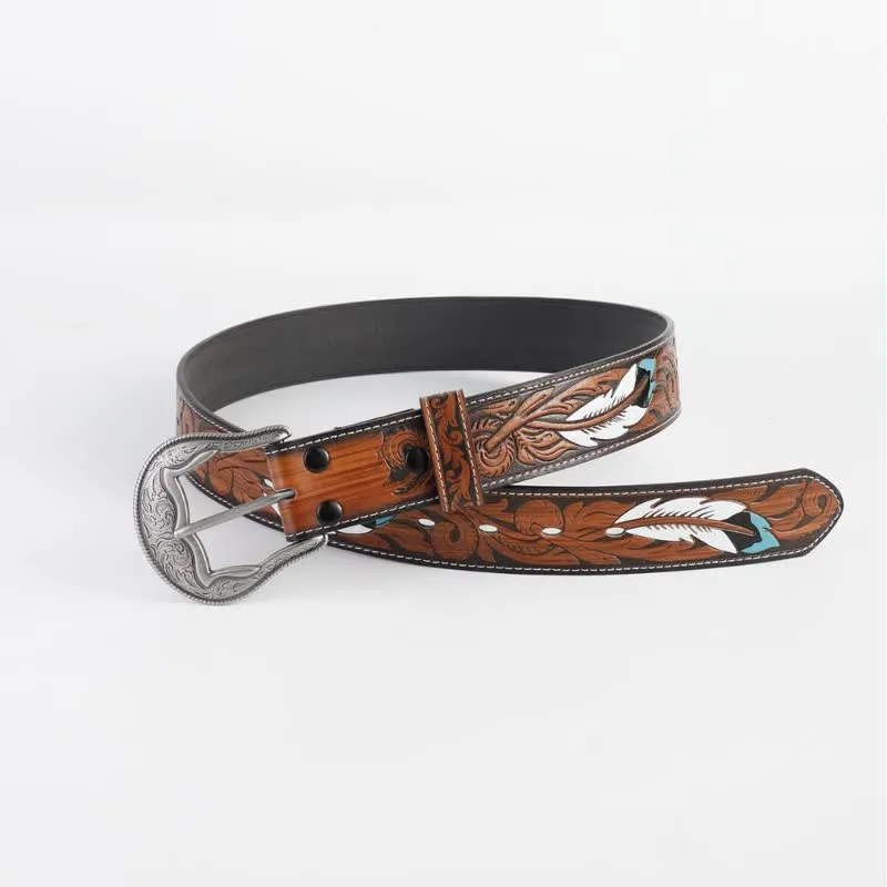 Women's Vintage Engraved Feather Printed Leather Belt