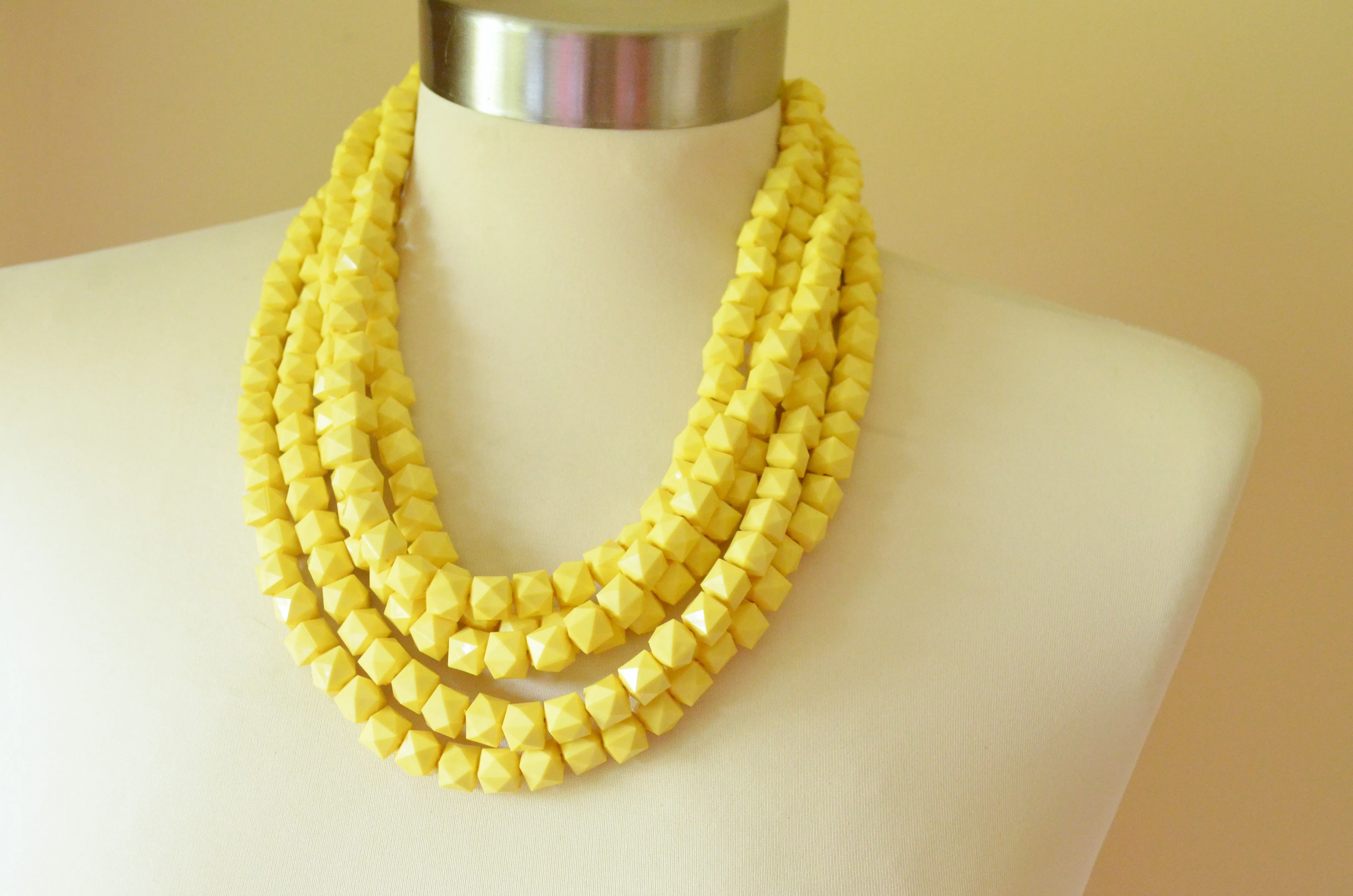 Yellow Acrylic Beaded Chunky Multi Strand Statement Necklace - Lexi